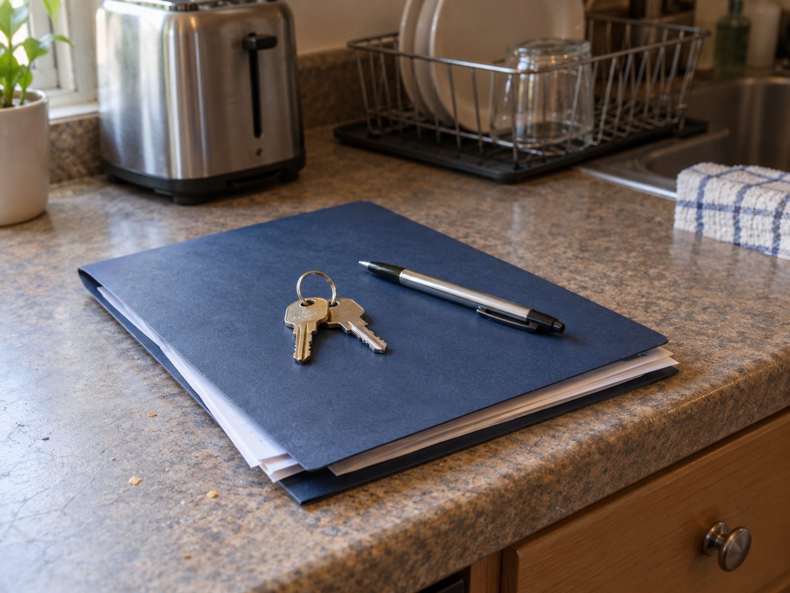 A lease document folder, a set of apartment keys and a pen on a kitchen counter