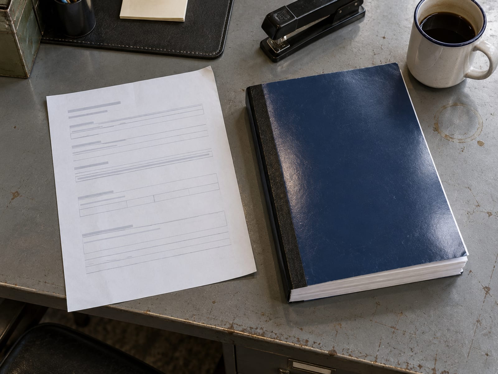 A single-page certificate and a thicker bound policy booklet side by side on an office desk, with no readable text