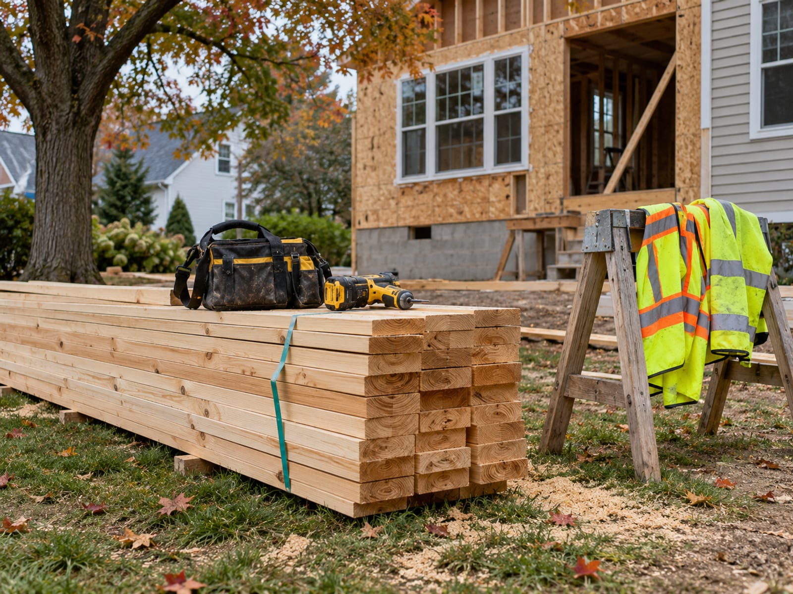 Stacked lumber, a tool bag and two safety vests hung on a sawhorse at a small residential job site