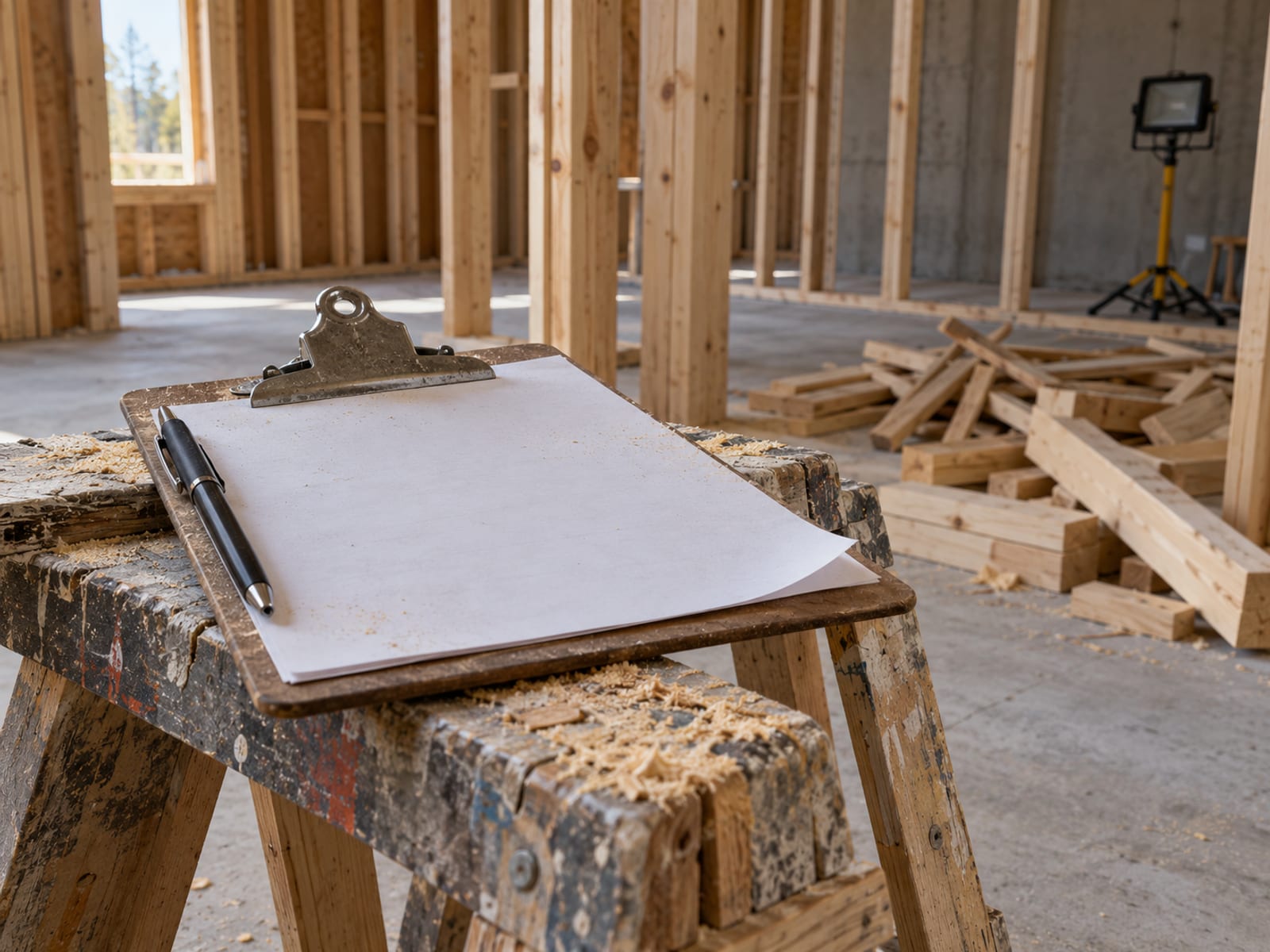 A clipboard with a blank permit form resting on a sawhorse at a quiet construction site