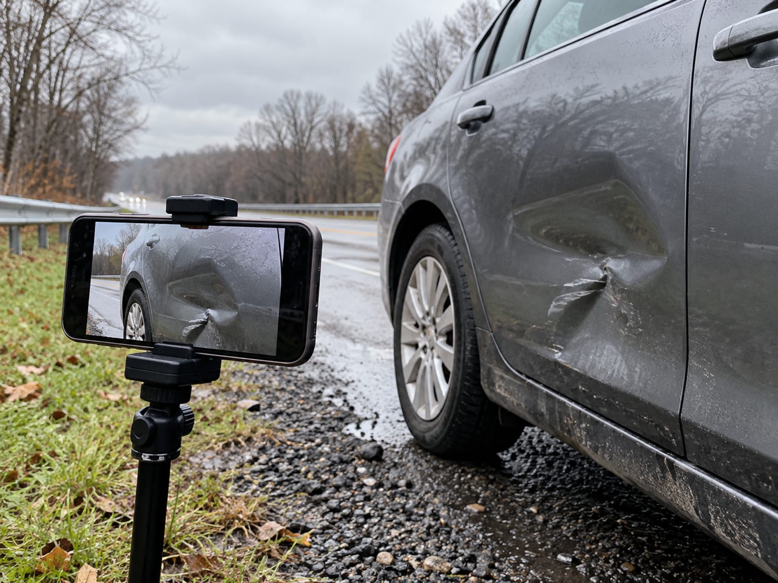 A smartphone on a small clamp stand aimed at a dented car door at the roadside on an overcast day