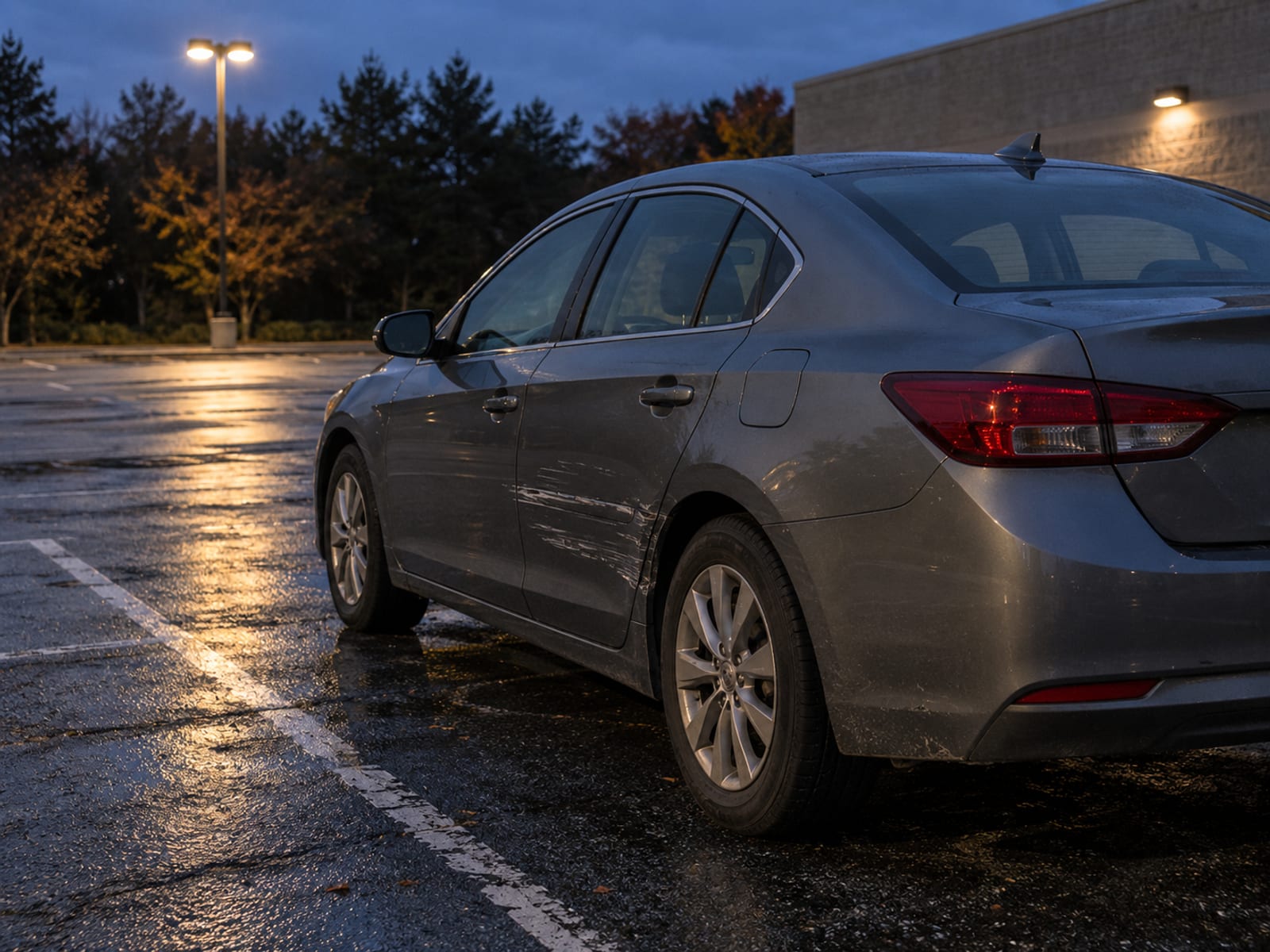 A quiet parking lot at dusk with one car showing a scraped rear door and no other vehicles nearby