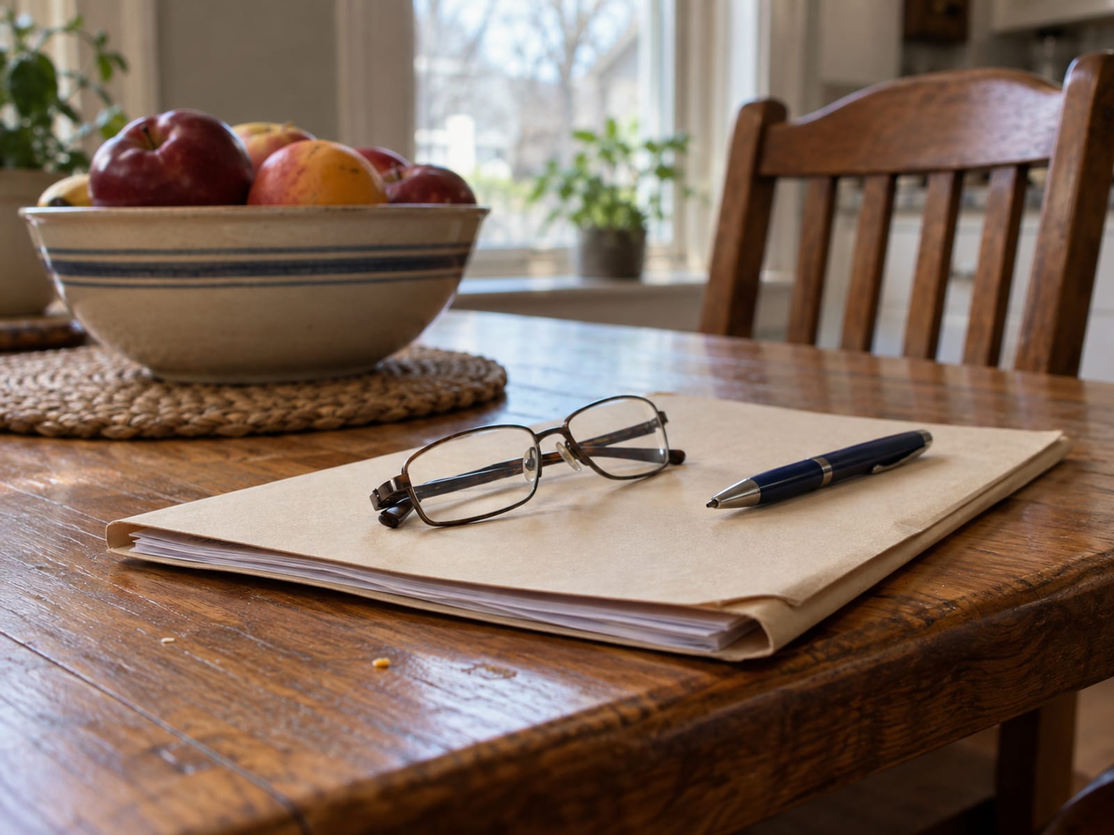 A declarations page folder, reading glasses and a pen on a kitchen table, with no readable text