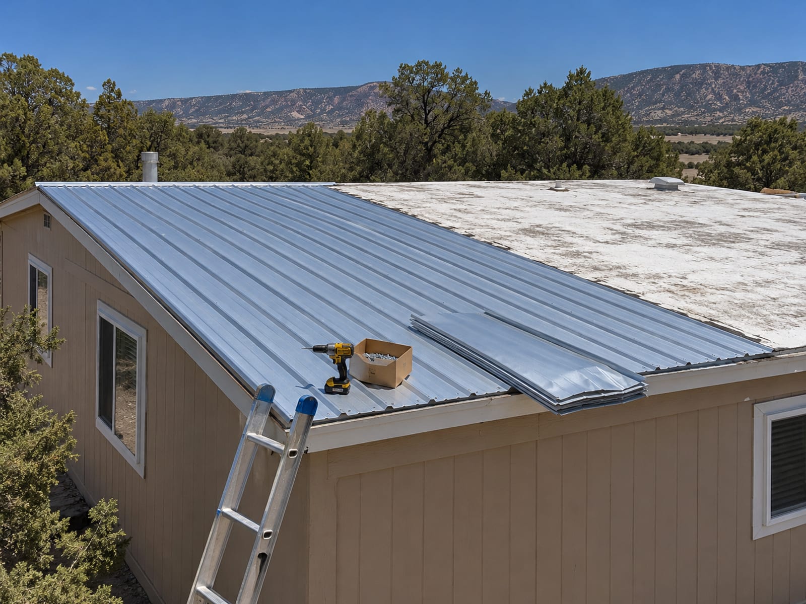 Paneles nuevos de techo de metal instalados en parte en una casa prefabricada bajo un cielo despejado