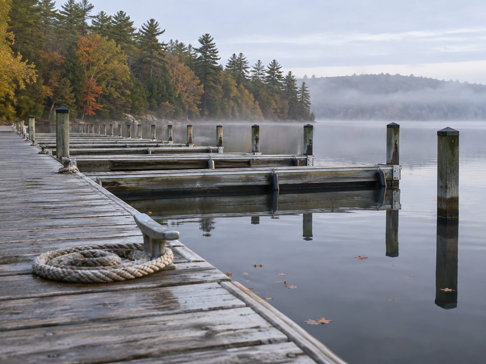 A row of empty boat slips at a lakeside marina in early morning with wooded shoreline behind