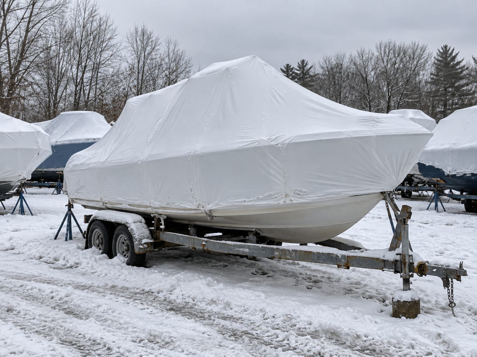 A shrink-wrapped boat on a trailer in a snowy storage yard under a gray winter sky