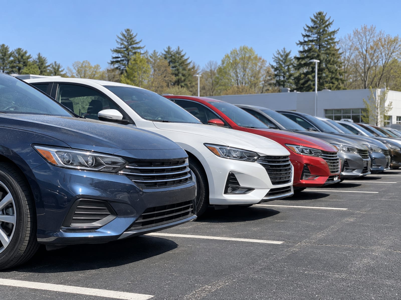 A row of unbranded new cars parked on a dealership lot under a clear sky, with no badges or plates visible