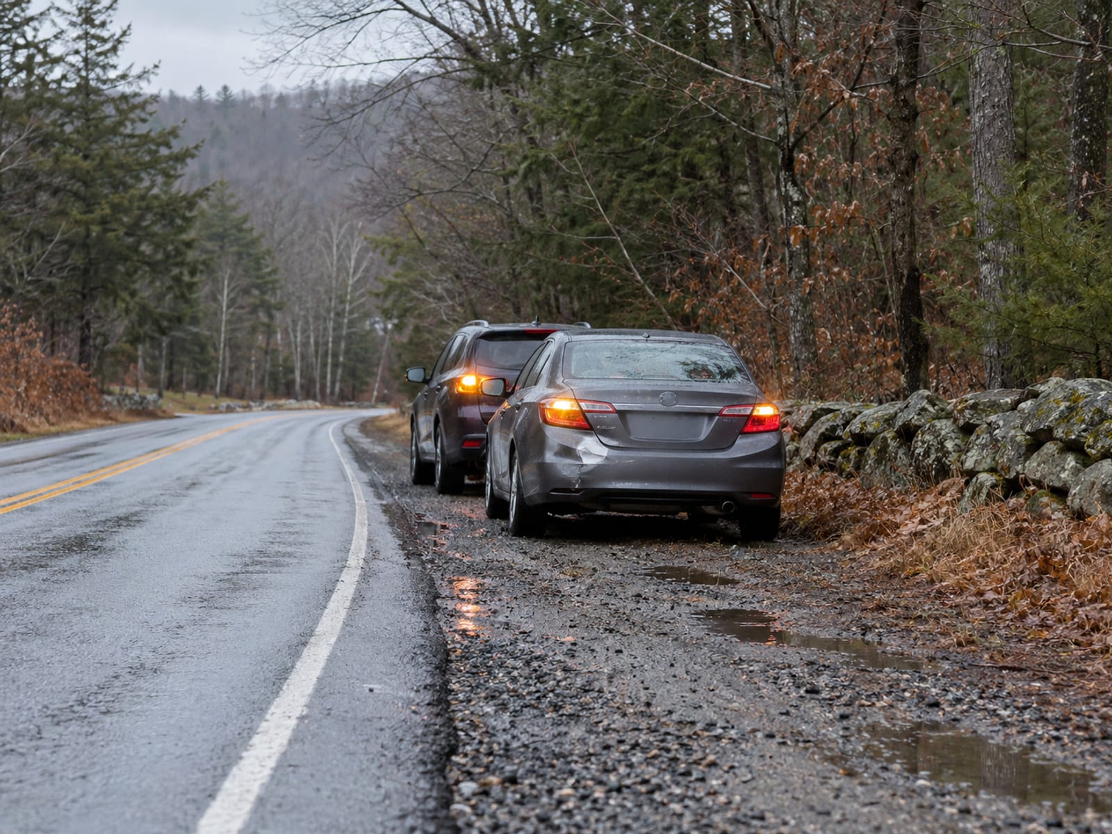 Two cars stopped at the side of a rural road after a minor fender bender, seen from a distance with no plates or people visible