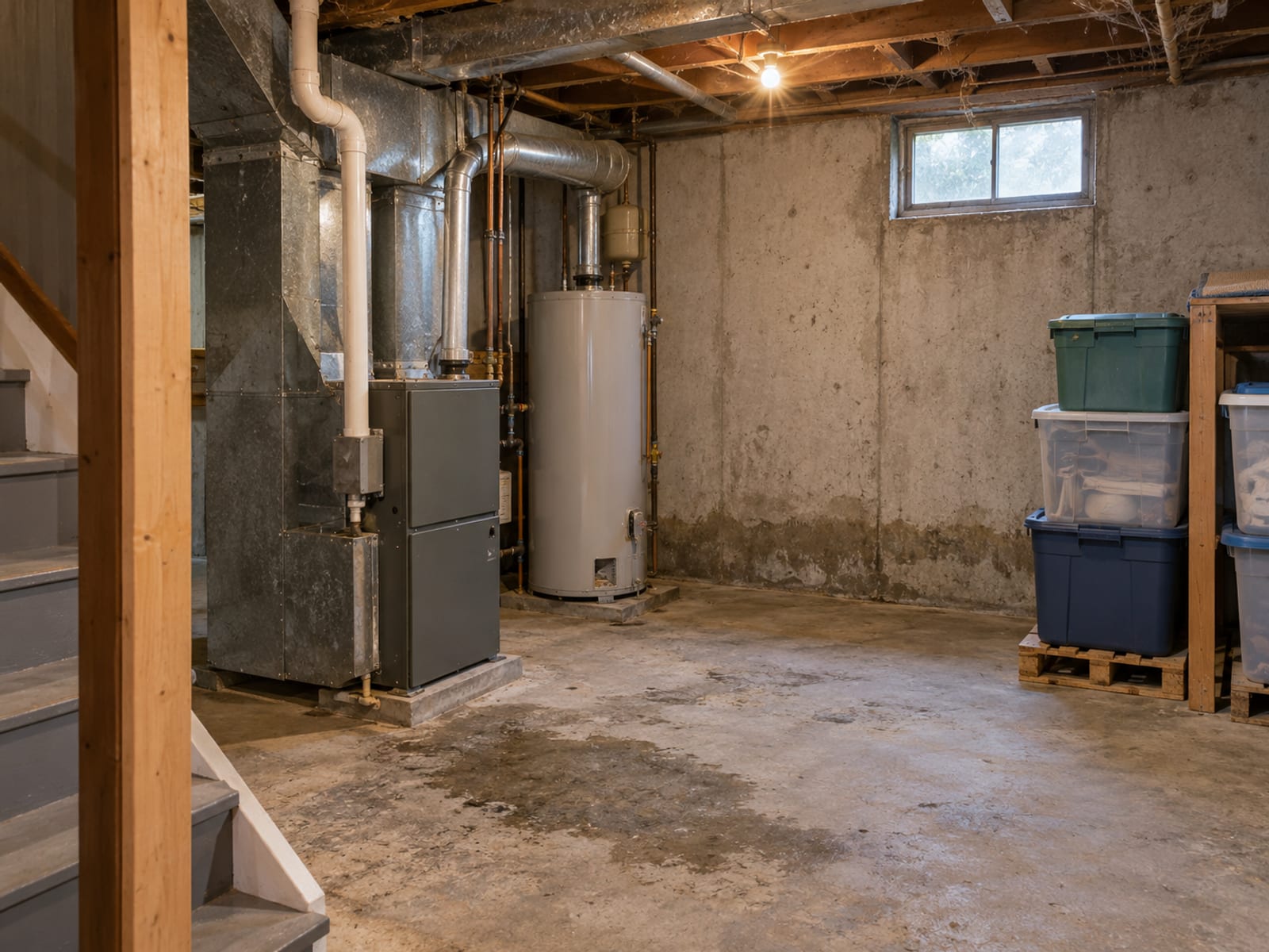 An unfinished basement with a concrete floor, a furnace and a water heater beside a few plastic storage bins