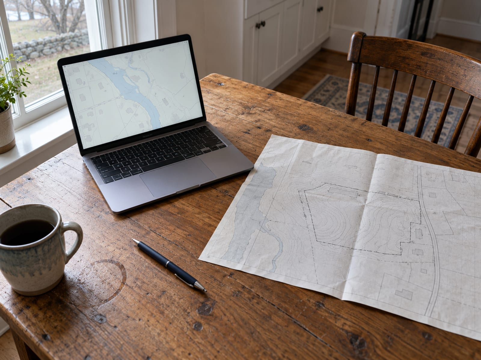 A laptop open to a blank map view on a kitchen table beside a printed property survey and a pen