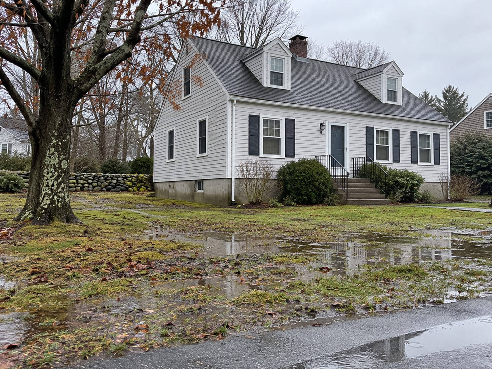 A two-story New England home raised on a concrete foundation near a low-lying grassy yard after rain