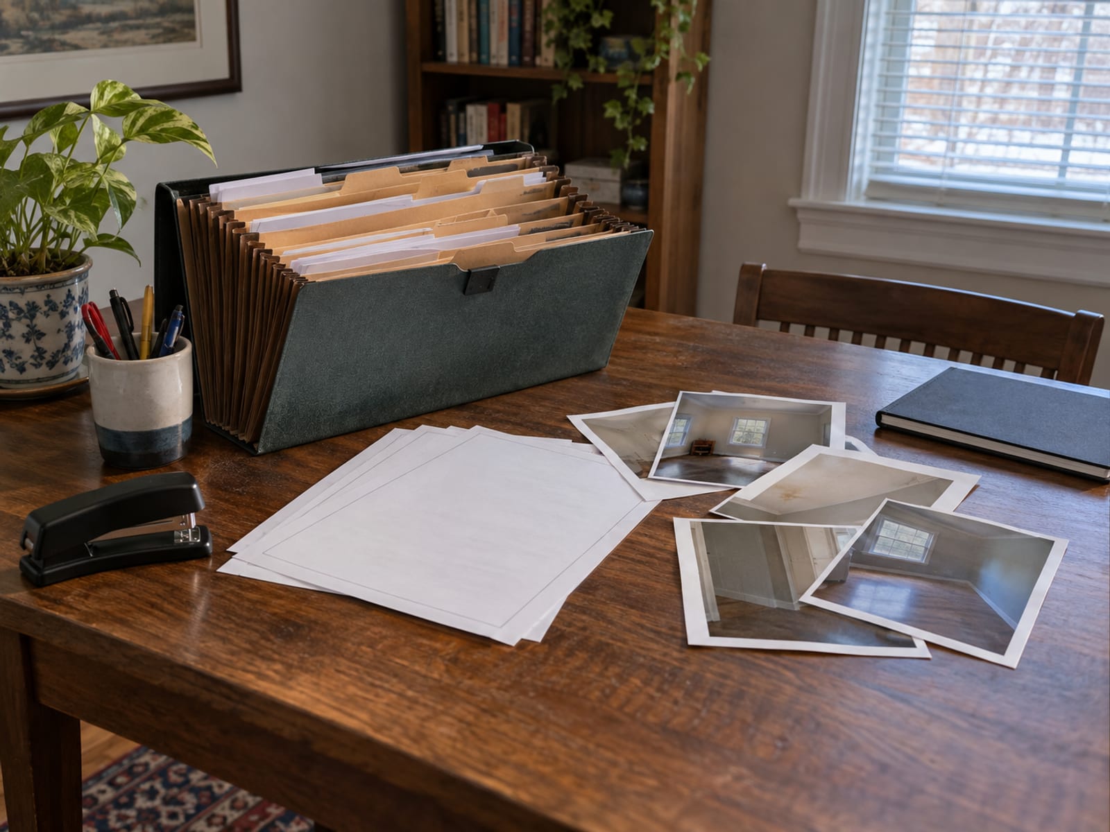 An open accordion file of household papers with blank estimate sheets and printed photos of a room on a desk