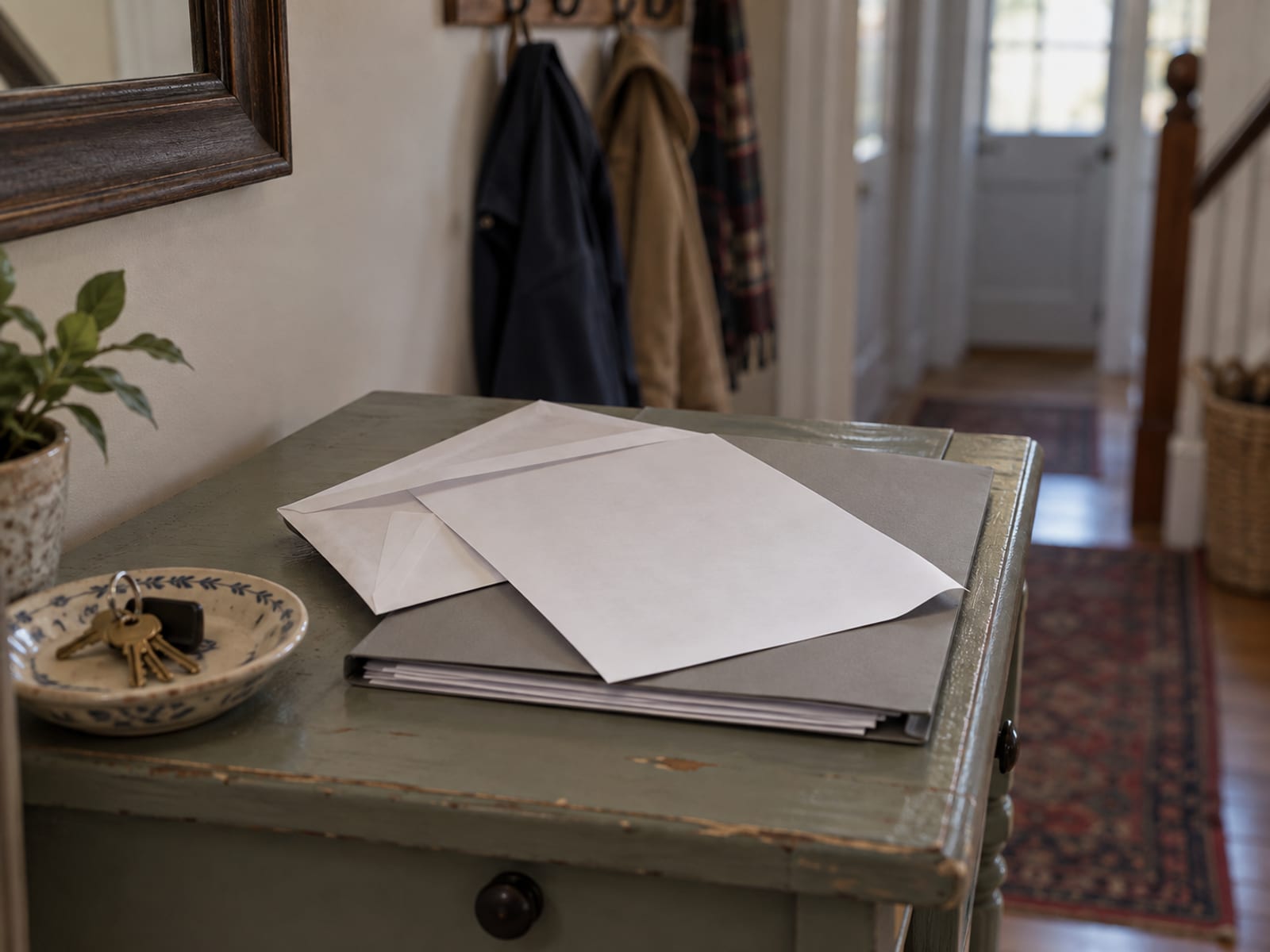 An unmarked letter lying on a folder of policy papers on a hallway table
