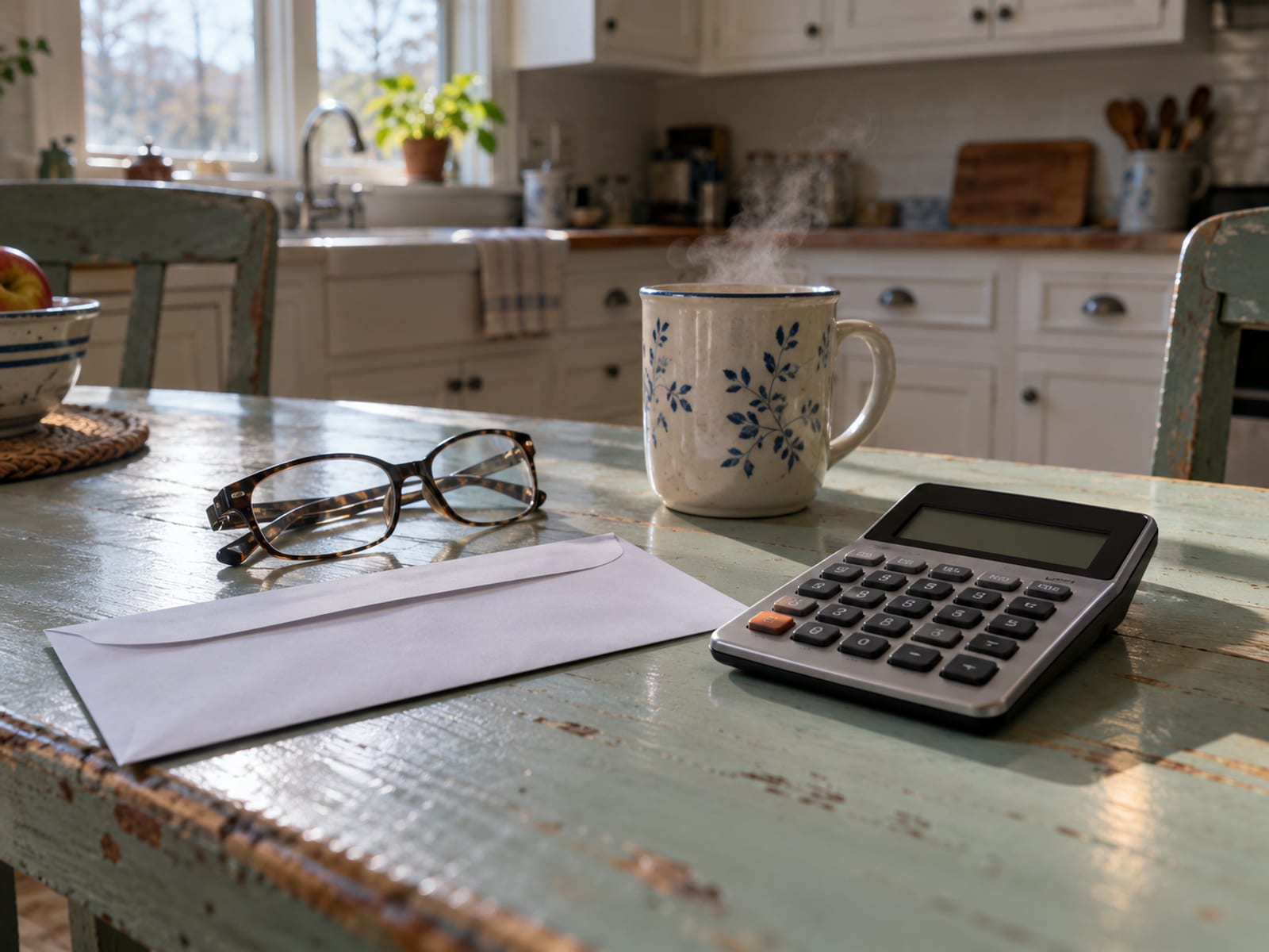 A kitchen table with an unmarked renewal envelope, a calculator, reading glasses and a cup of coffee
