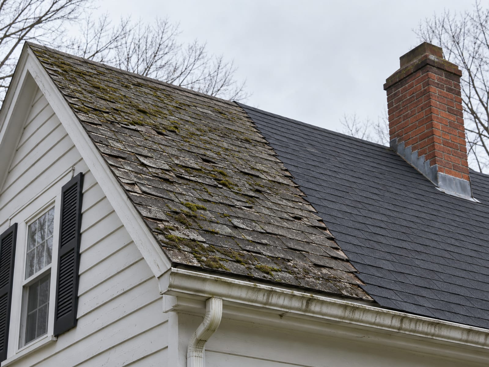 A weathered asphalt shingle roof on a New England house beside a newer section of roof