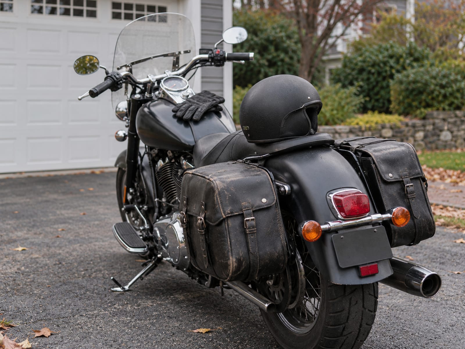 A motorcycle with saddlebags, a helmet resting on the seat and riding gloves on the tank in a driveway