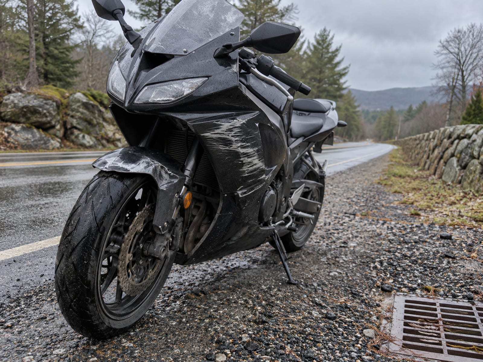 A motorcycle parked on a quiet roadside shoulder with a scuffed fairing and a dented rear fender