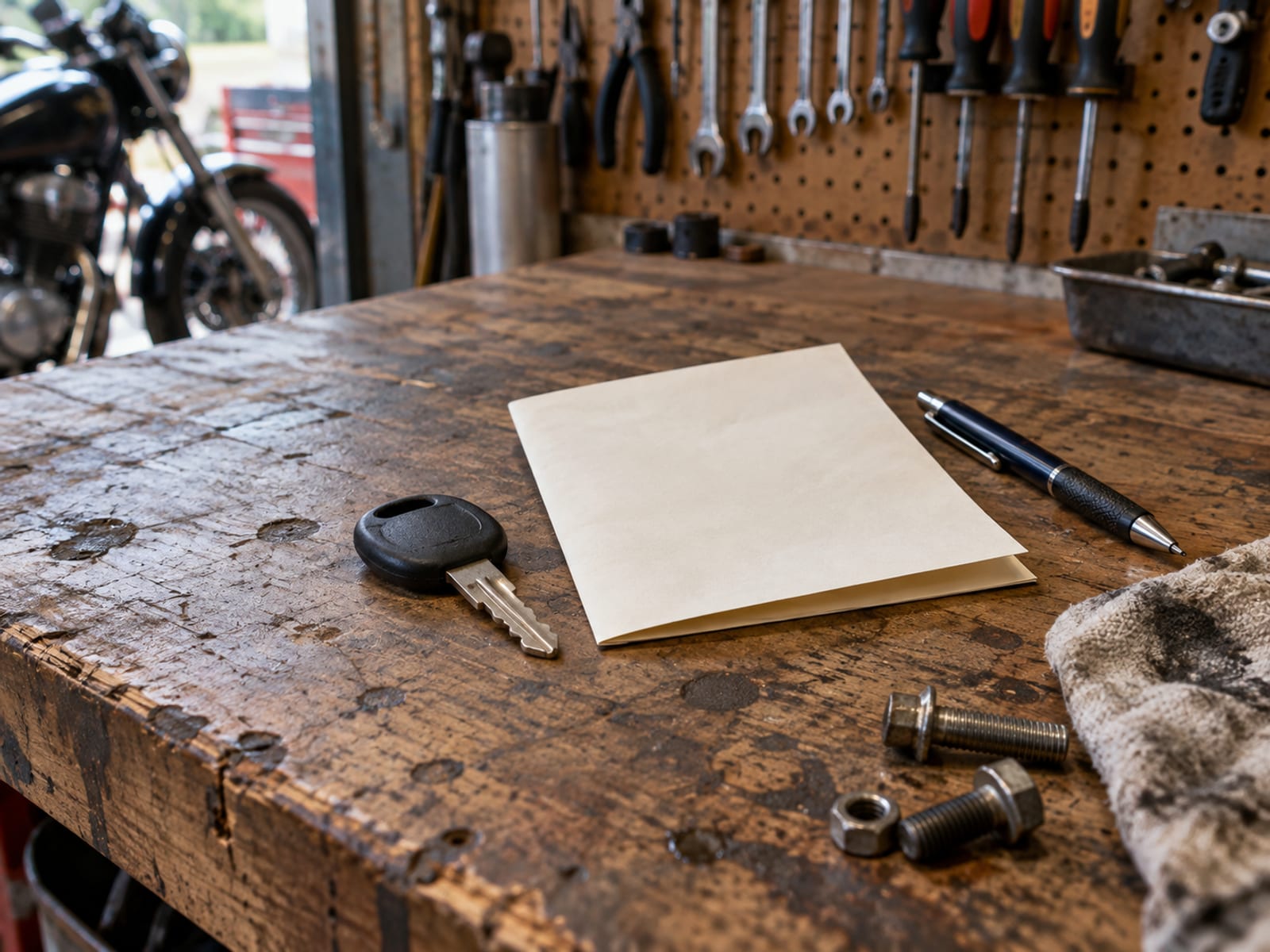 A motorcycle key, a folded blank certificate and a pen on a wooden workbench in a garage