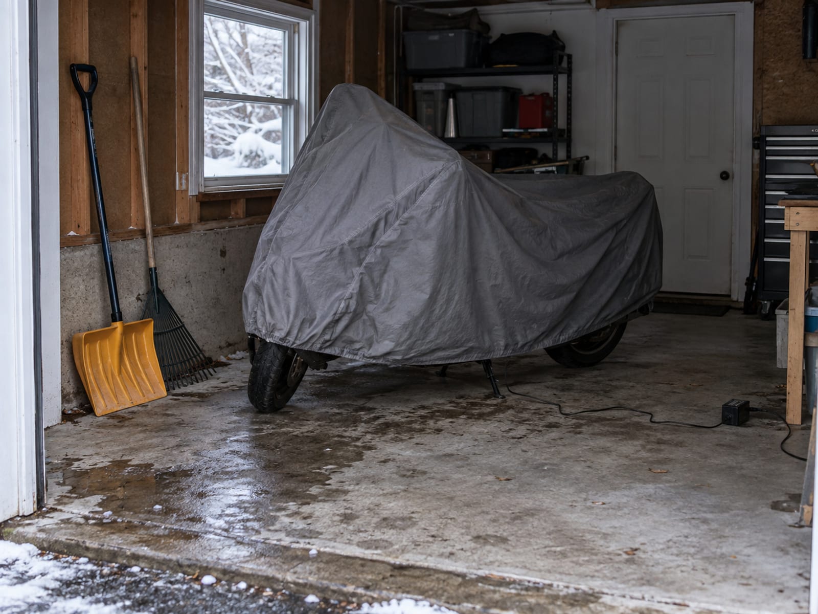 A motorcycle under a fitted cover in a tidy garage with a snow shovel leaning against the wall