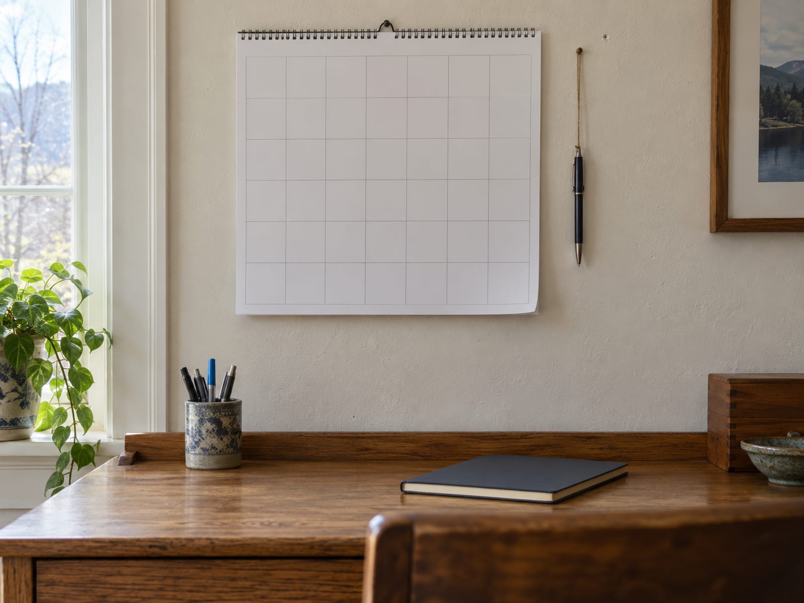 A wall calendar with blank pages and a pen hanging beside it above a small desk
