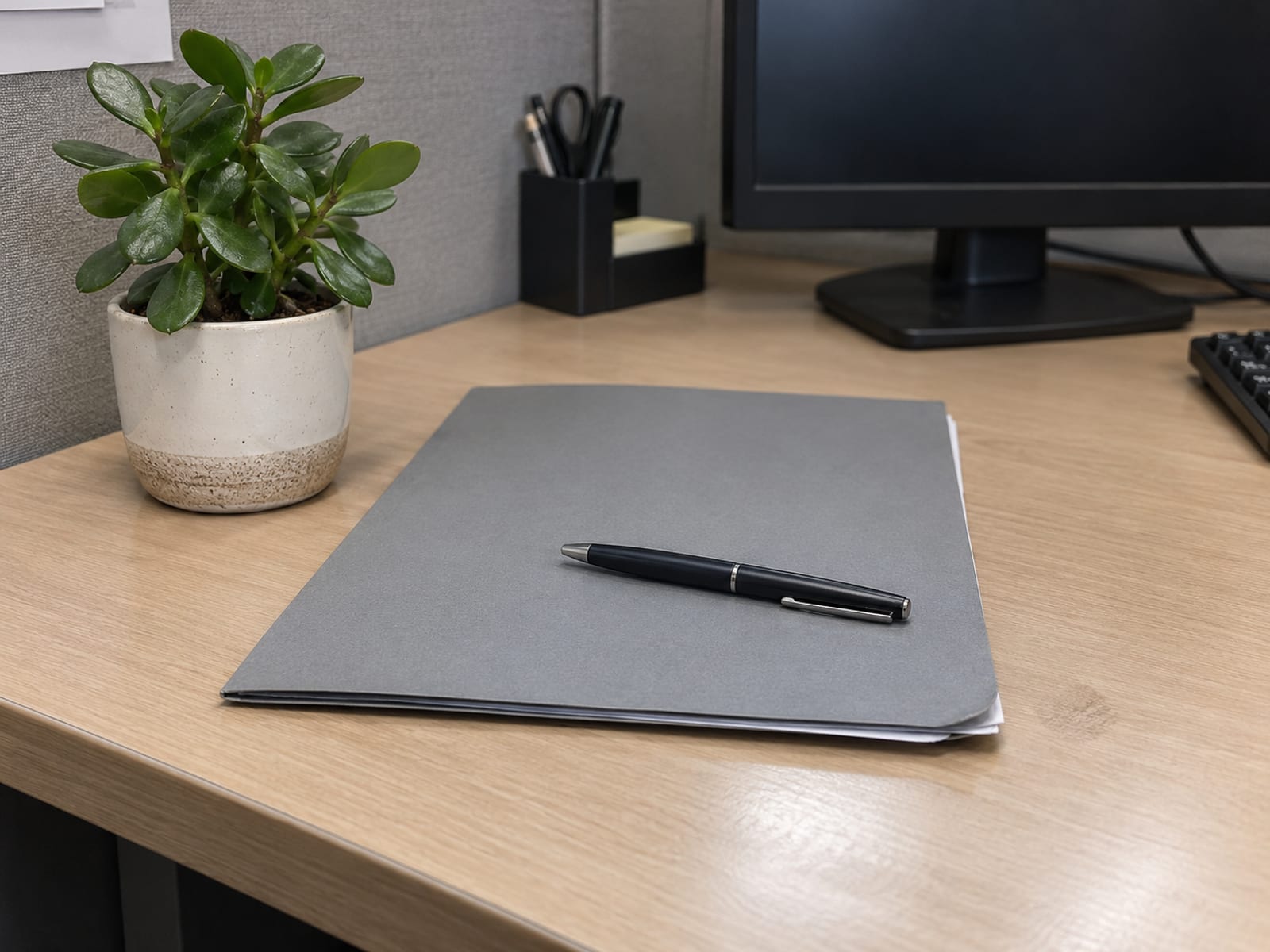 A closed folder of employment papers and a pen on an office desk beside a small potted plant