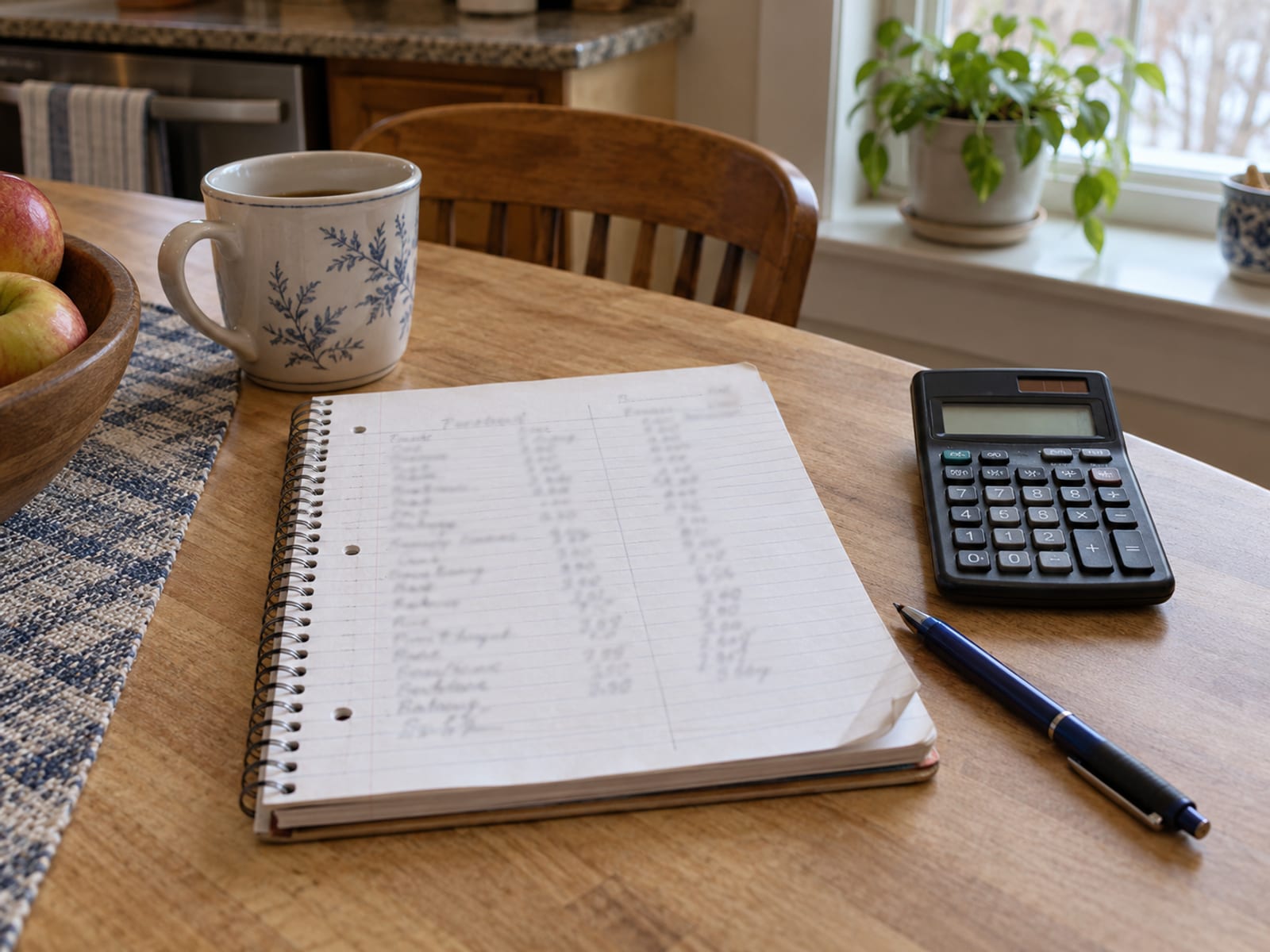 A household budget notebook, a calculator and a pen on a kitchen table beside a mug