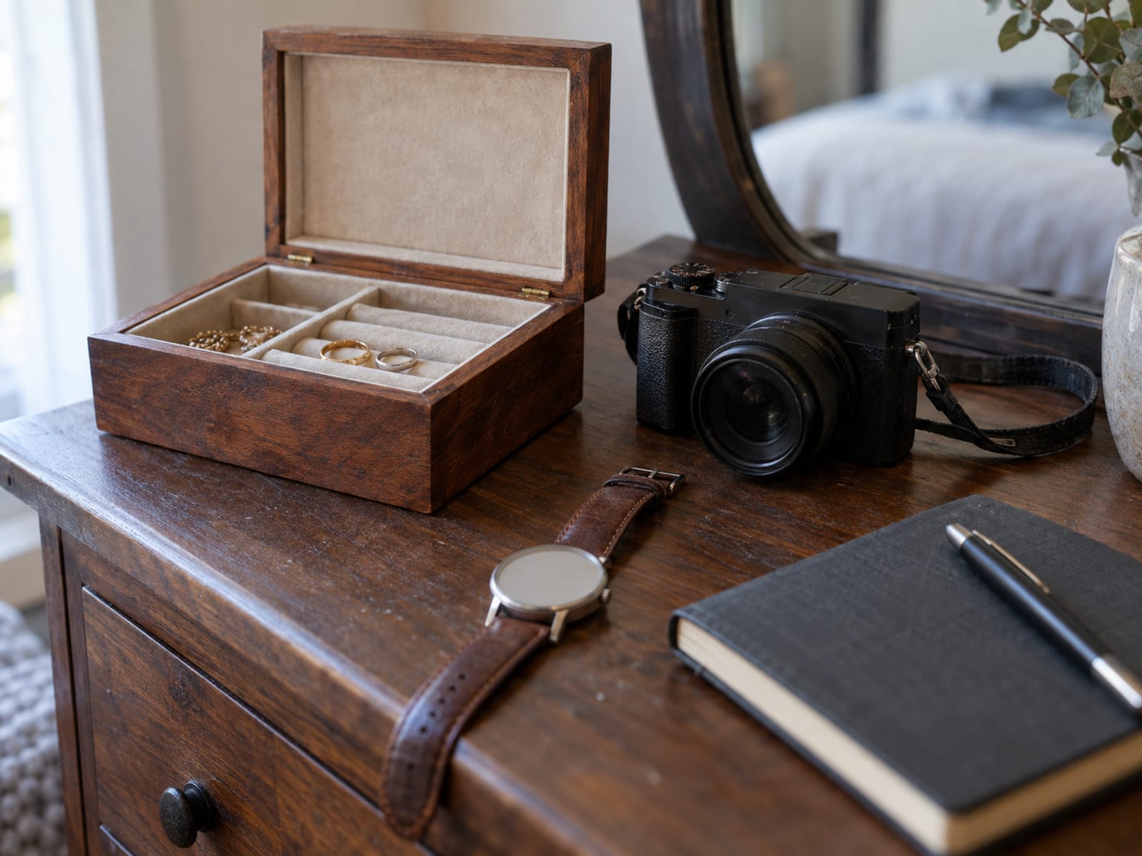 A jewelry box, a camera and a watch laid out on a dresser beside a small notebook