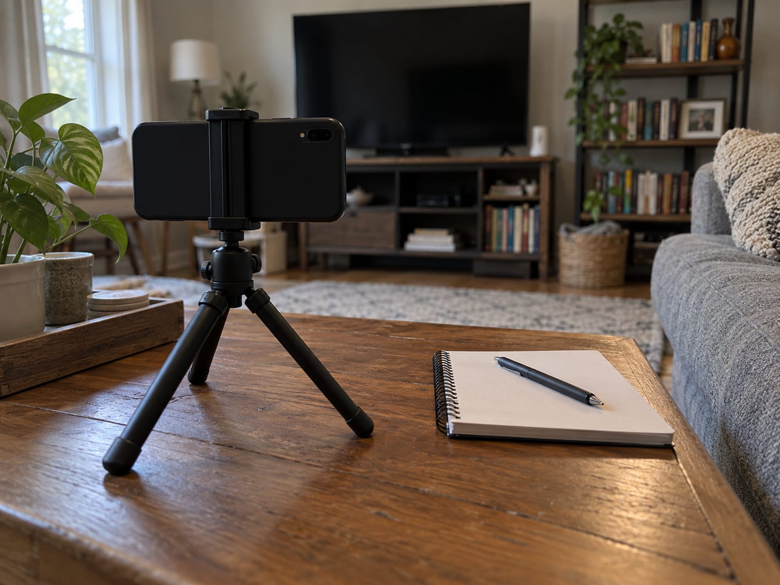A phone on a mini tripod facing a bookshelf and television to build a home inventory