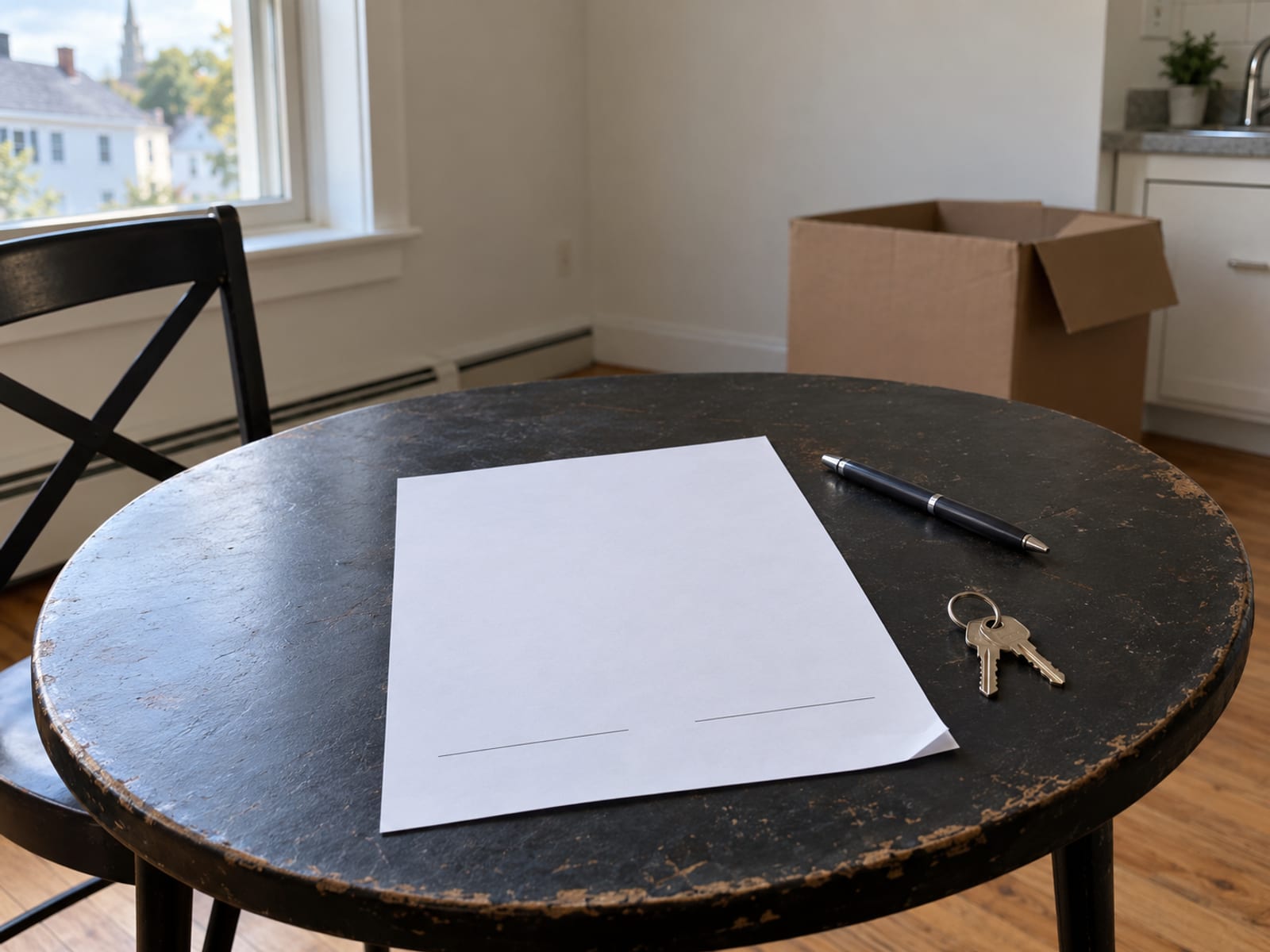 A printed lease agreement with blank lines, a pen and a set of apartment keys on a small table