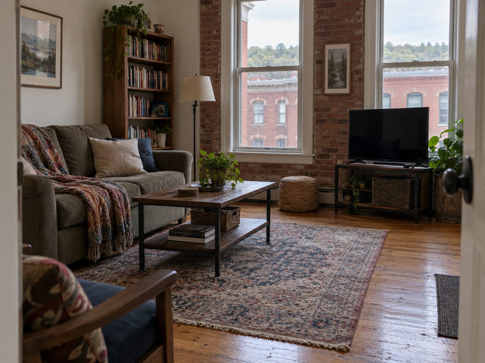 A furnished apartment living room with a sofa, a bookshelf, a lamp and a television on a low stand