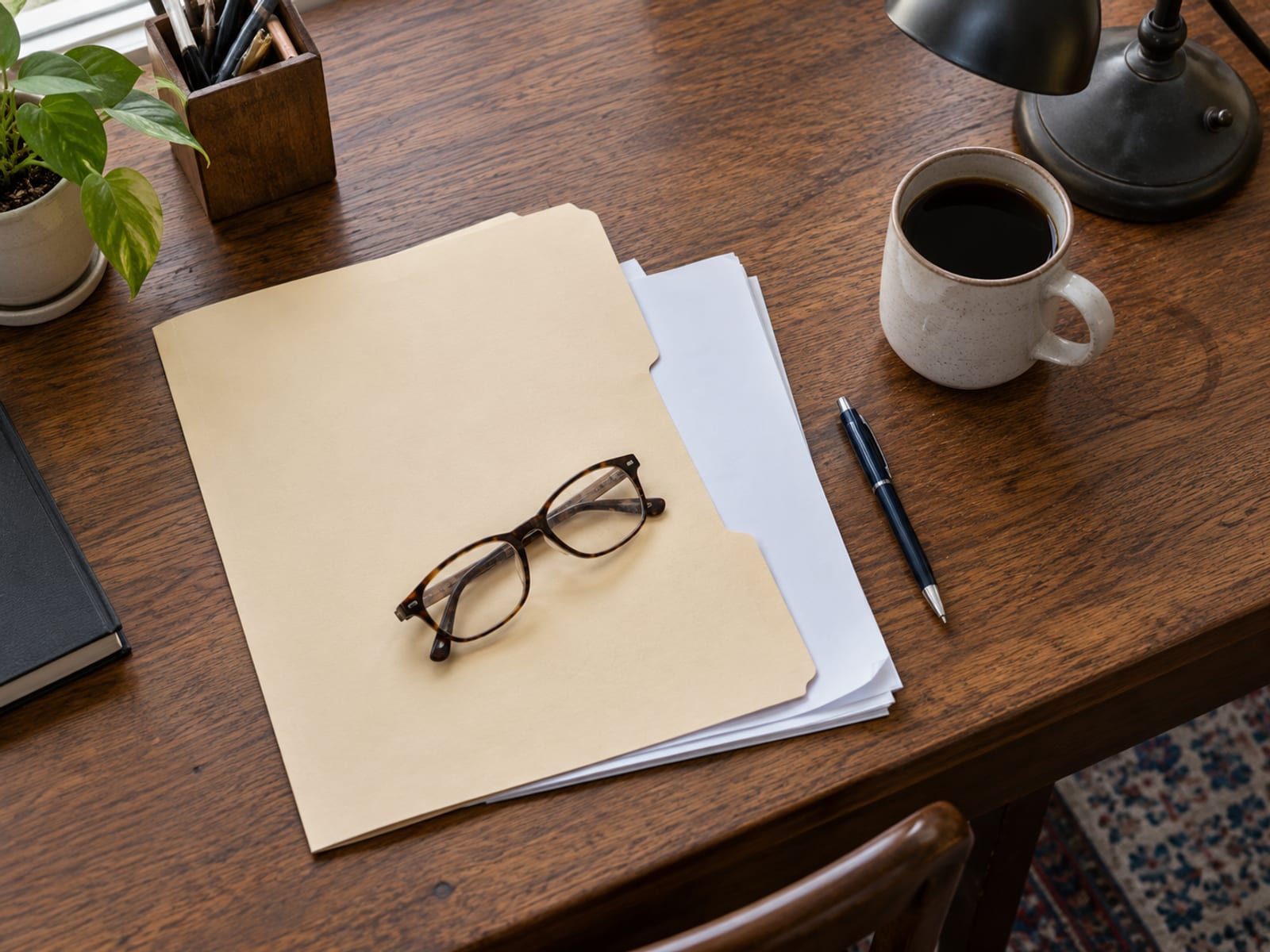 A desk with a closed folder of blank pages, a pen and a pair of reading glasses beside a coffee cup