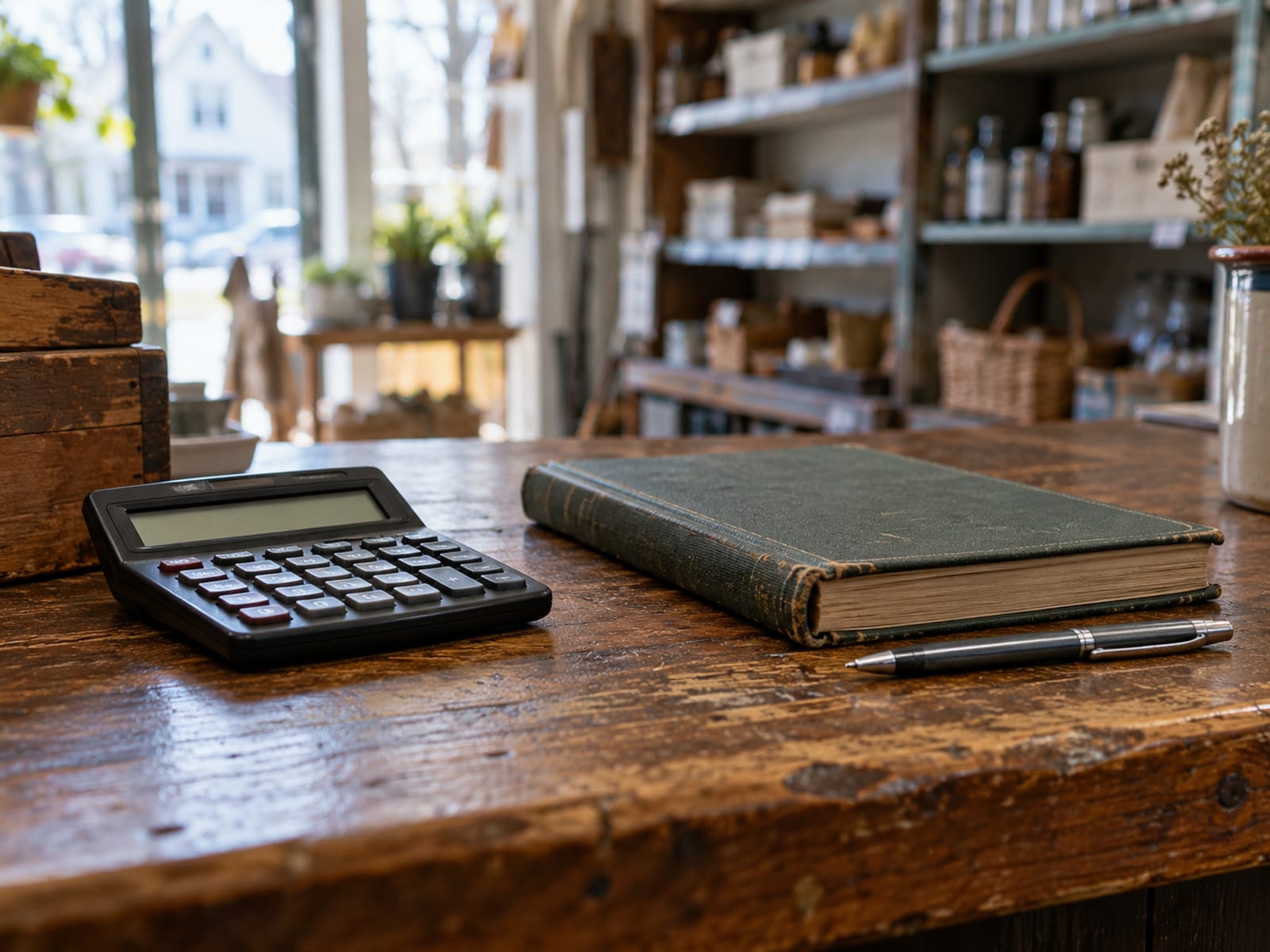 A calculator, a closed ledger and a pen on a wooden counter in a small shop