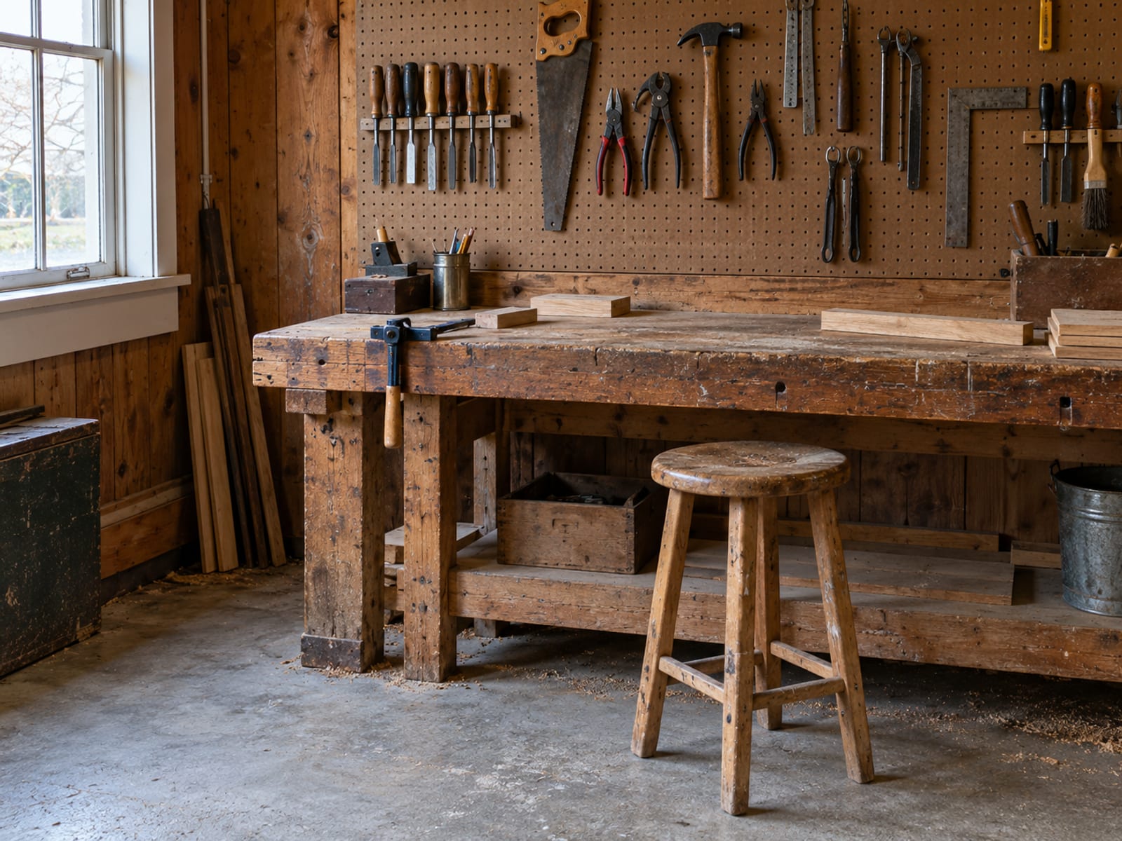 A small workshop with a workbench, hand tools on a pegboard and a stool under warm overhead light