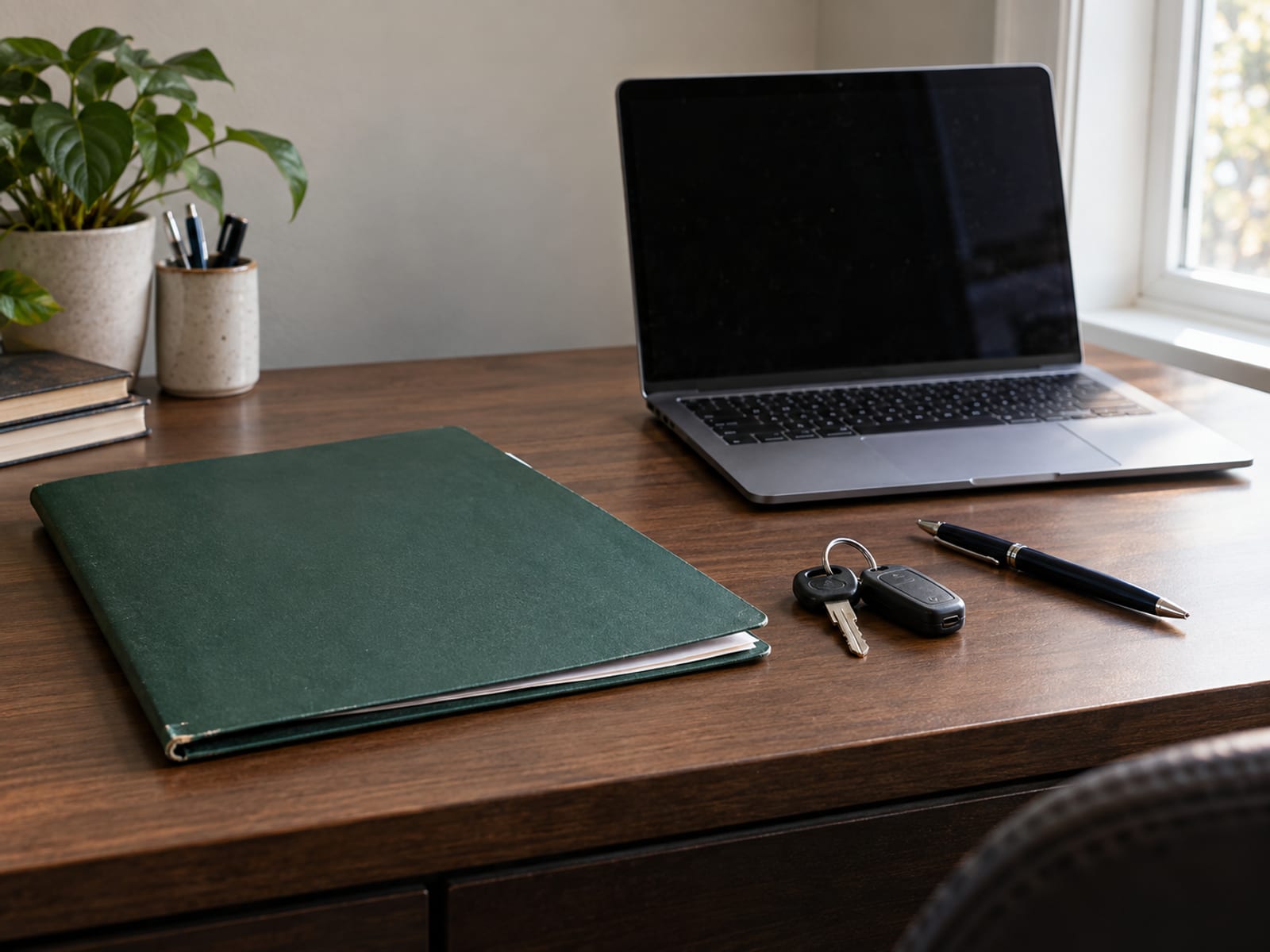 A desk with a closed folder, a set of car keys and a pen beside a laptop with a dark screen