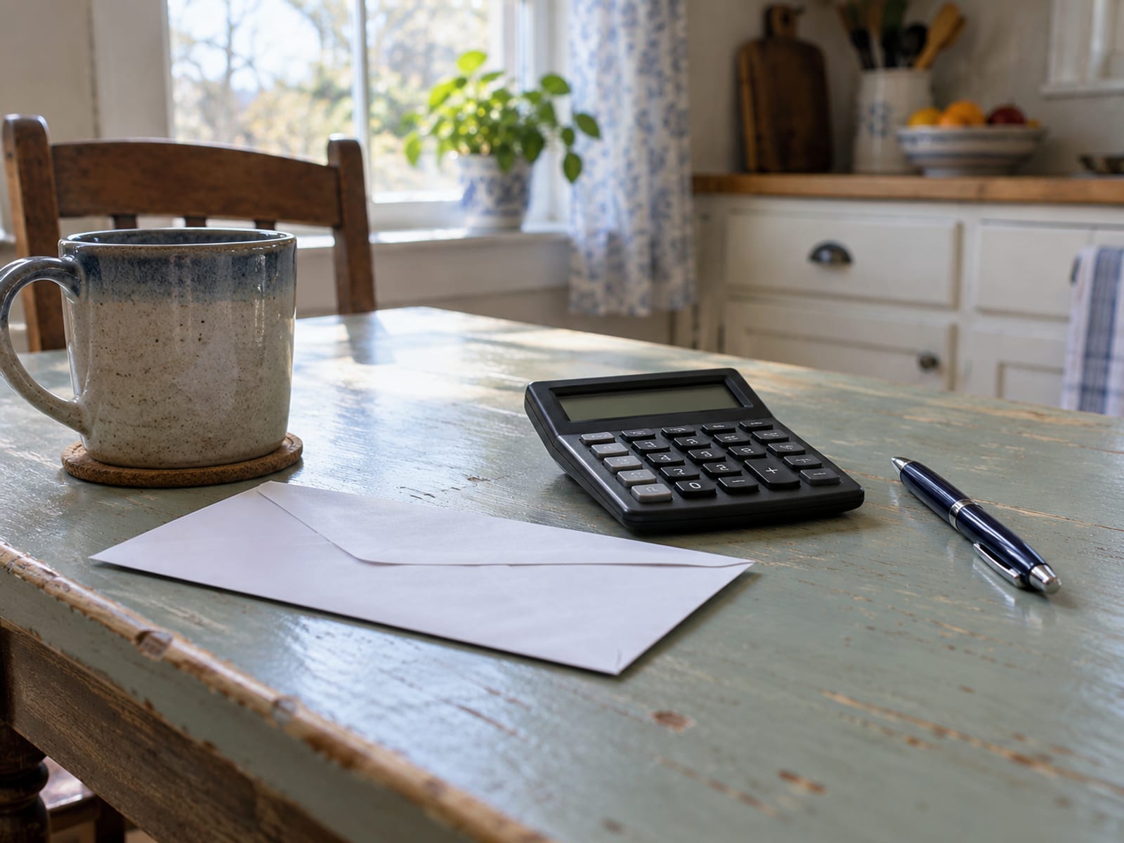 A calculator, a closed envelope and a pen on a kitchen table beside a mug
