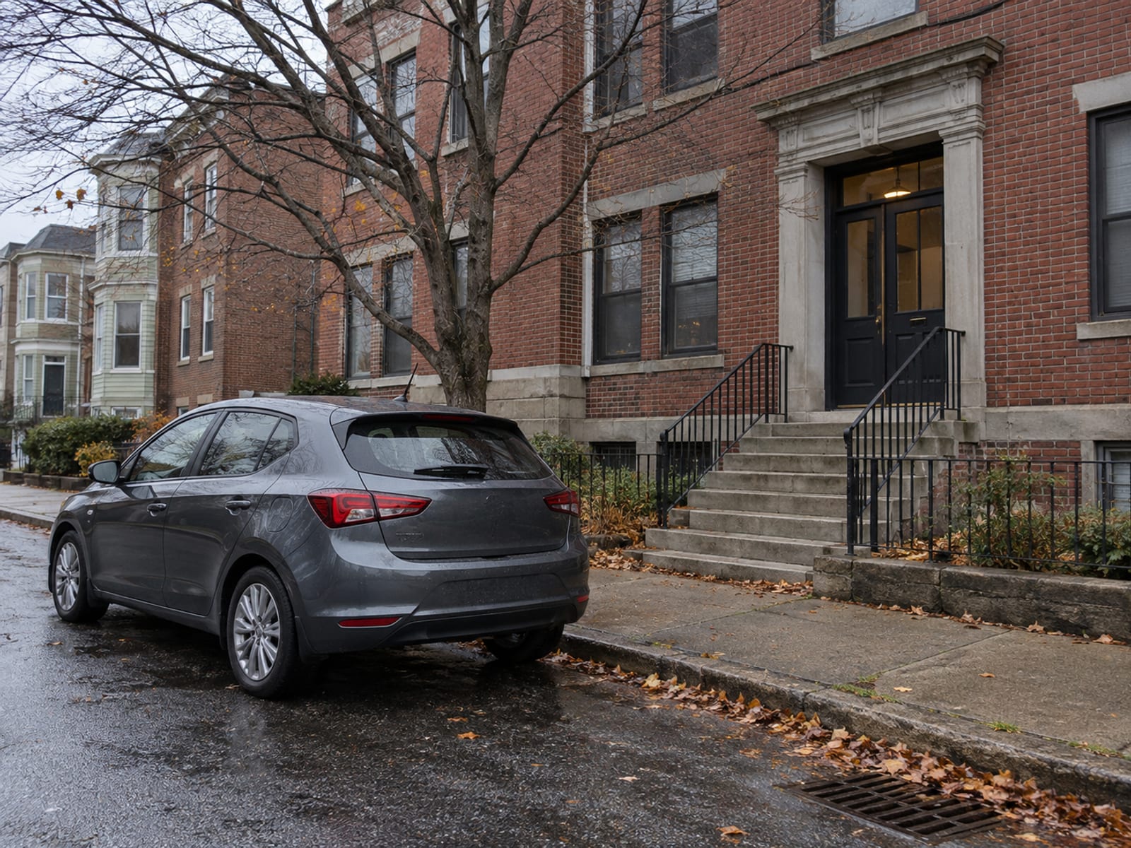 A hatchback parked at the curb outside a small apartment building on an overcast day