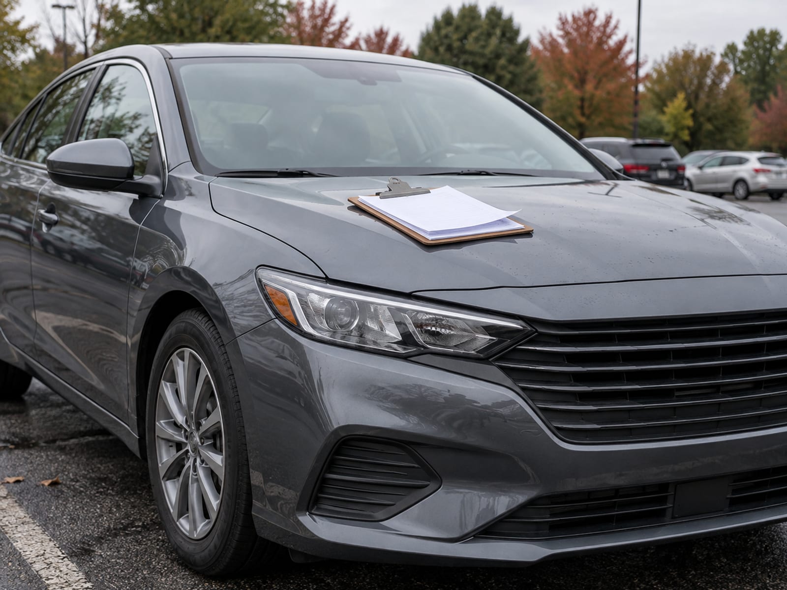 A new sedan parked in a dealership lot with a blank folder of paperwork resting on its hood