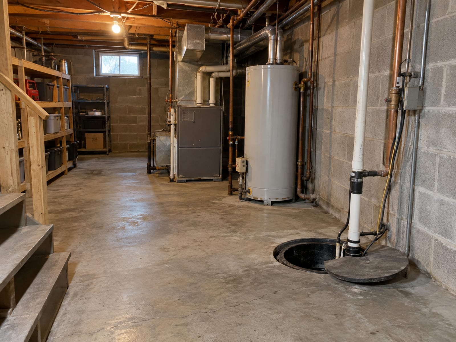 An unfinished basement with a furnace, a water heater and a sump pit on a concrete floor