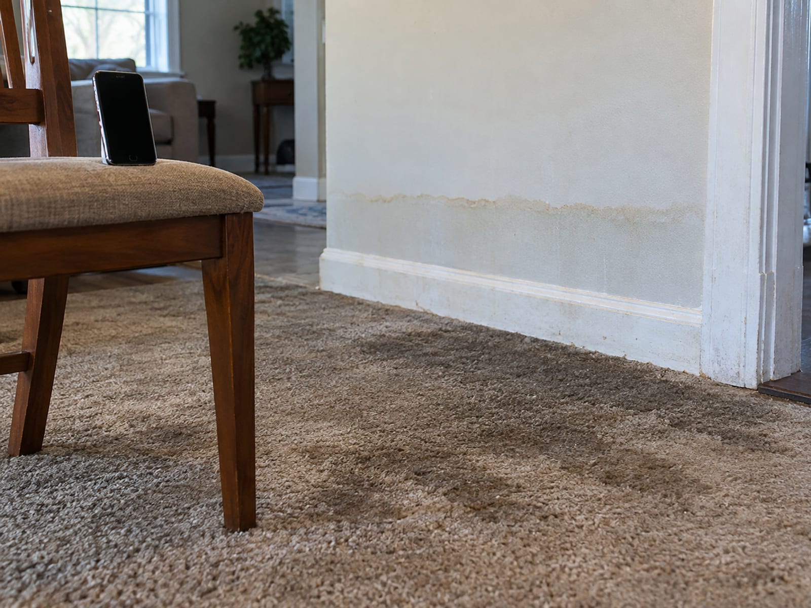 A visible water line on a painted wall above damp carpet with a phone propped on a chair facing it