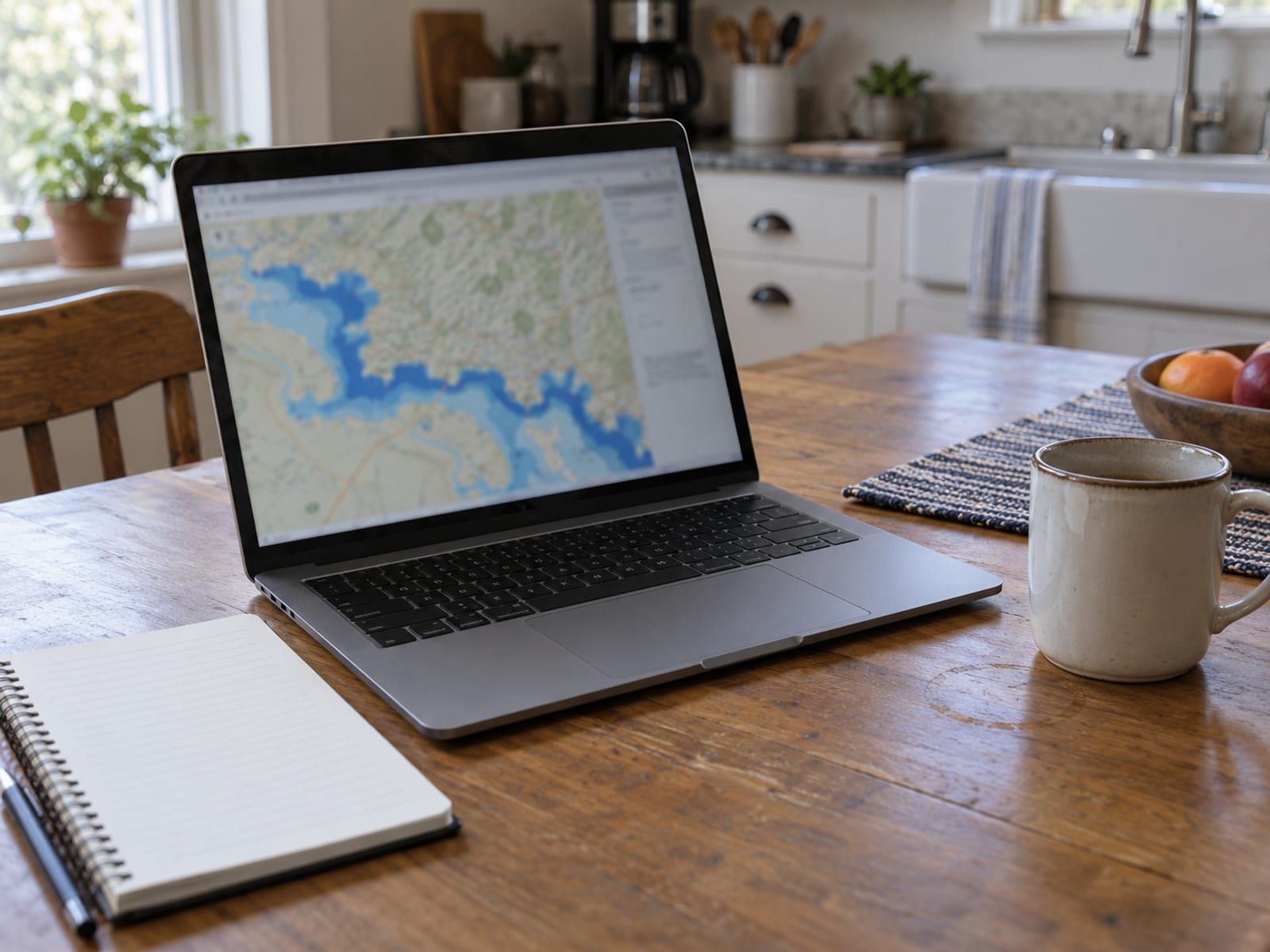 A laptop on a kitchen table showing a blurred map with shaded blue zones beside a coffee mug