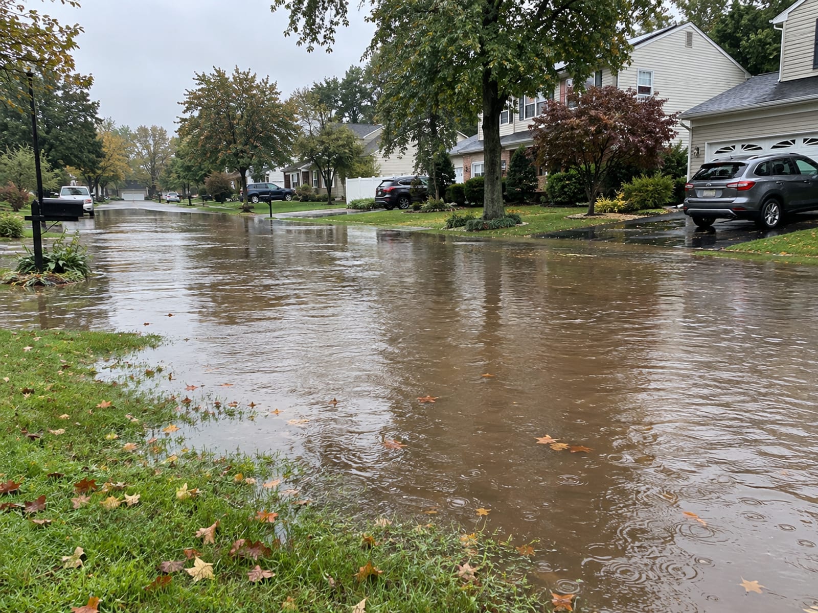Shallow floodwater covering a residential street and front lawns after a heavy storm