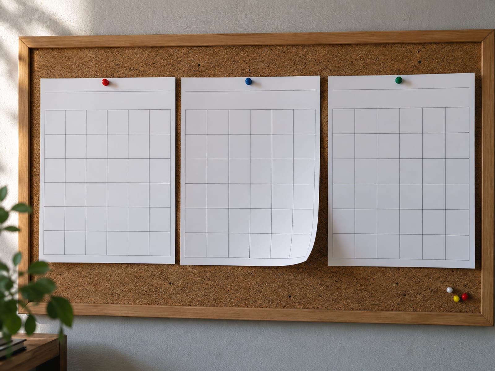A wall calendar with three months pinned side by side and a pen resting on the desk below