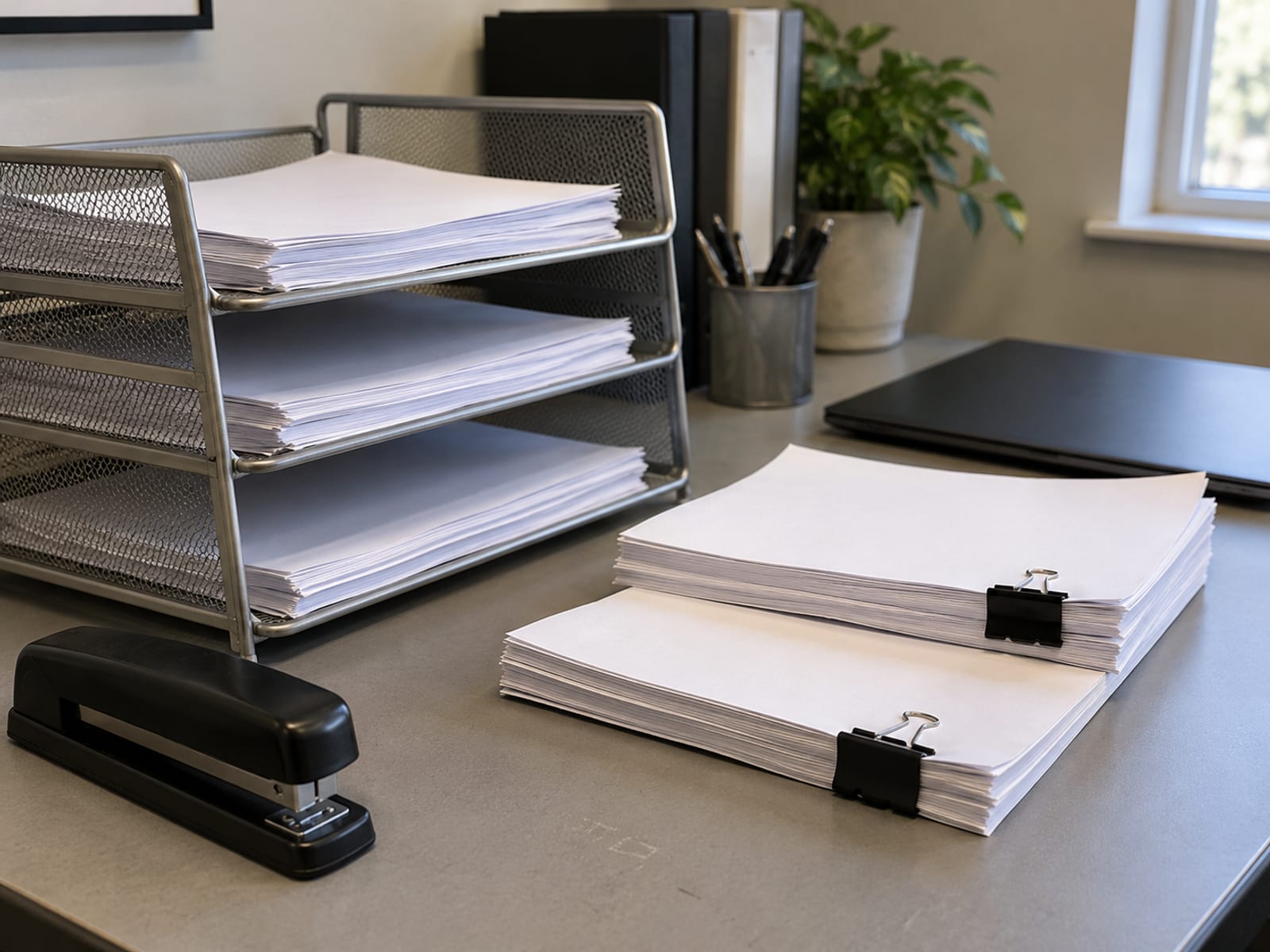 Blank tax paperwork sorted into stacked letter trays and clipped bundles on an office desk