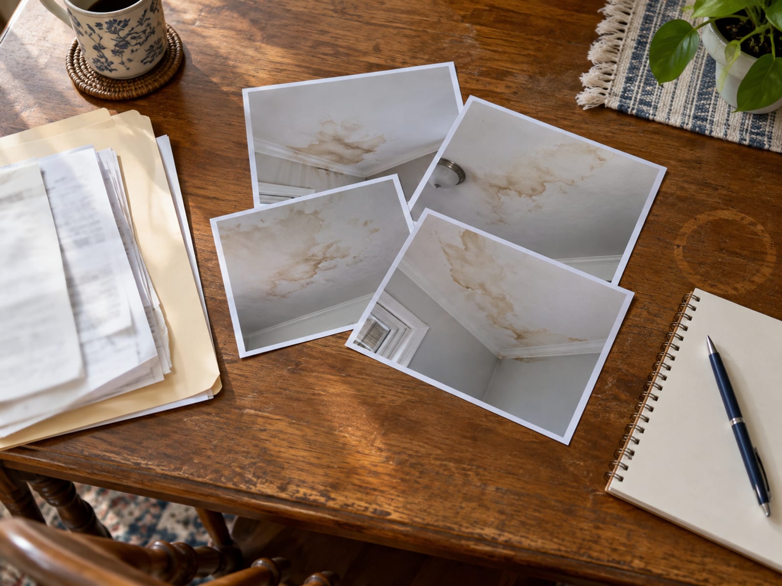 A table with printed photographs of a damaged ceiling, a folder of receipts and a notepad with a pen