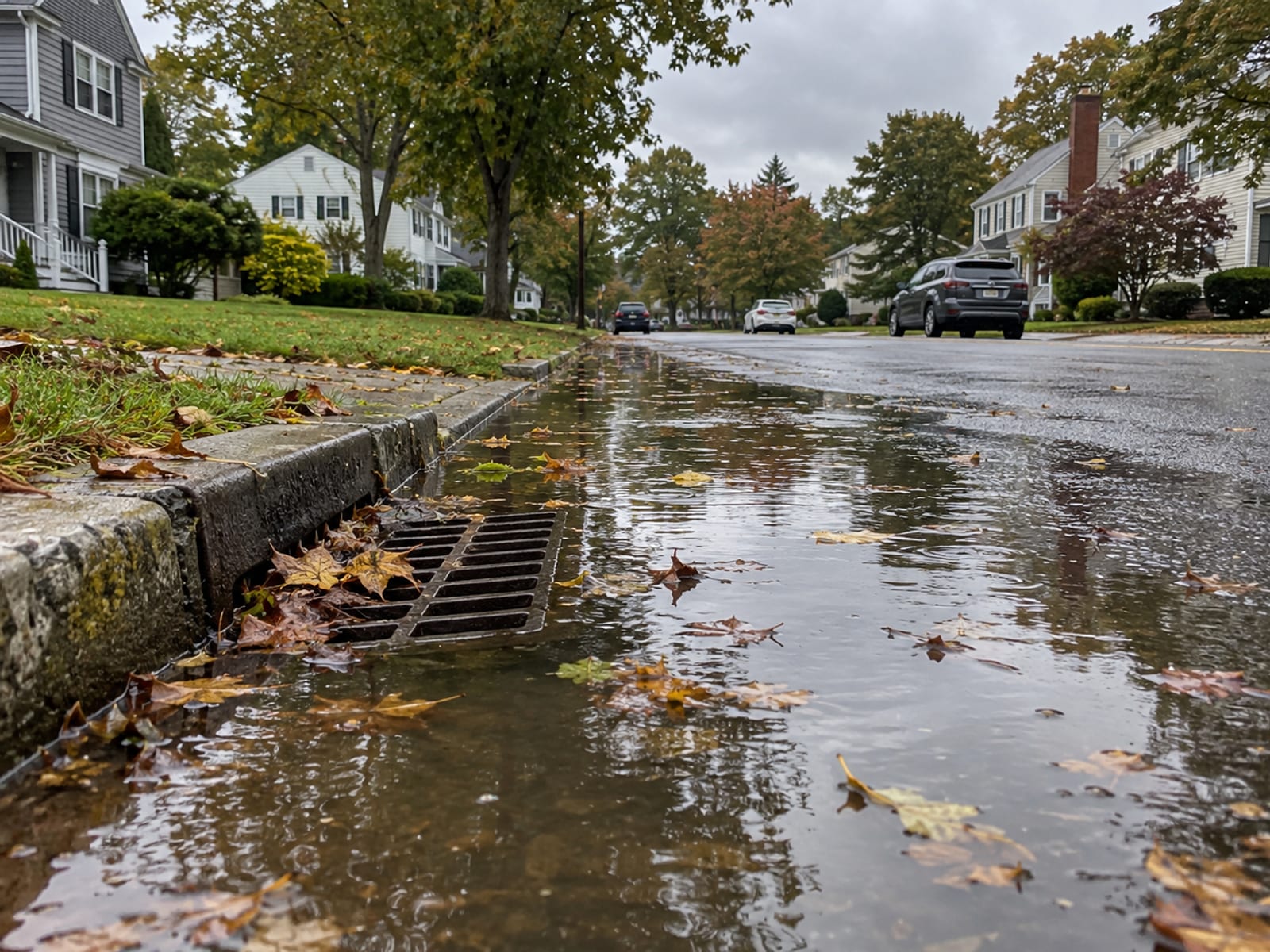A low-lying suburban street with standing rainwater along the curb in front of a row of houses