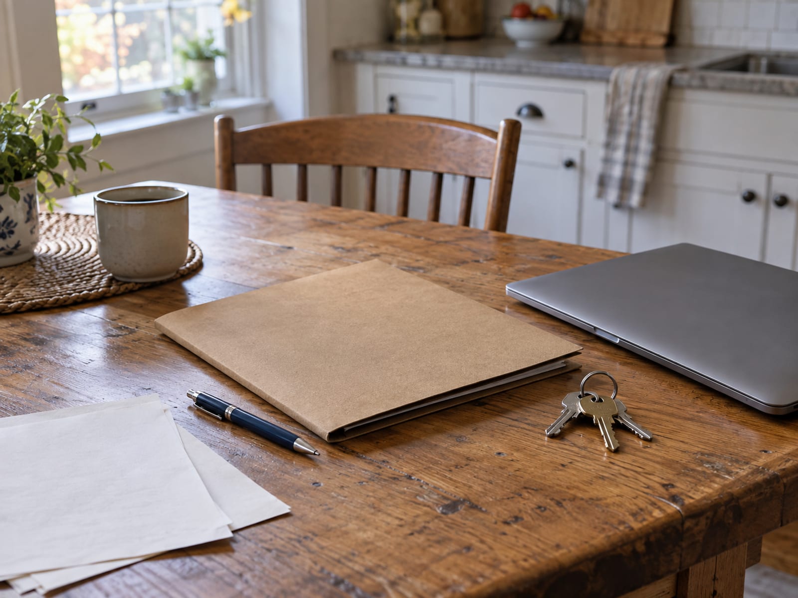 A closed mortgage folder, a pen and a set of house keys on a kitchen table beside a laptop