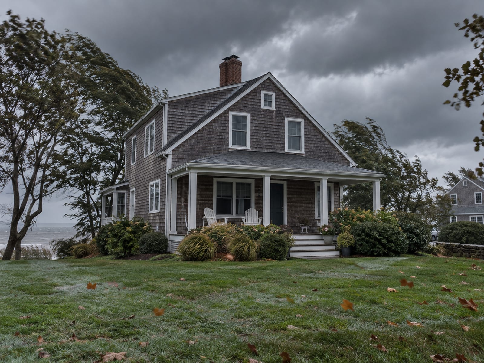 A shingled shore-area home under dark storm clouds with trees bending in the wind