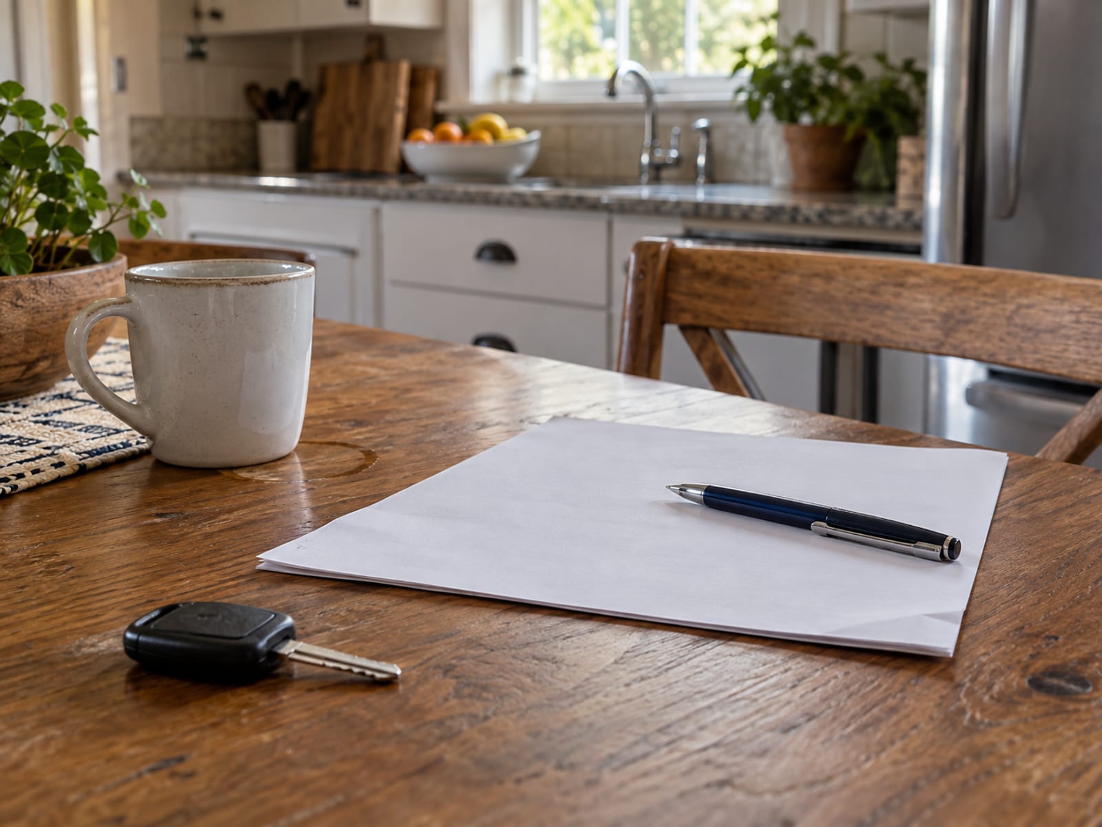 A kitchen table with a blank form, a pen and a car key beside a cup of coffee