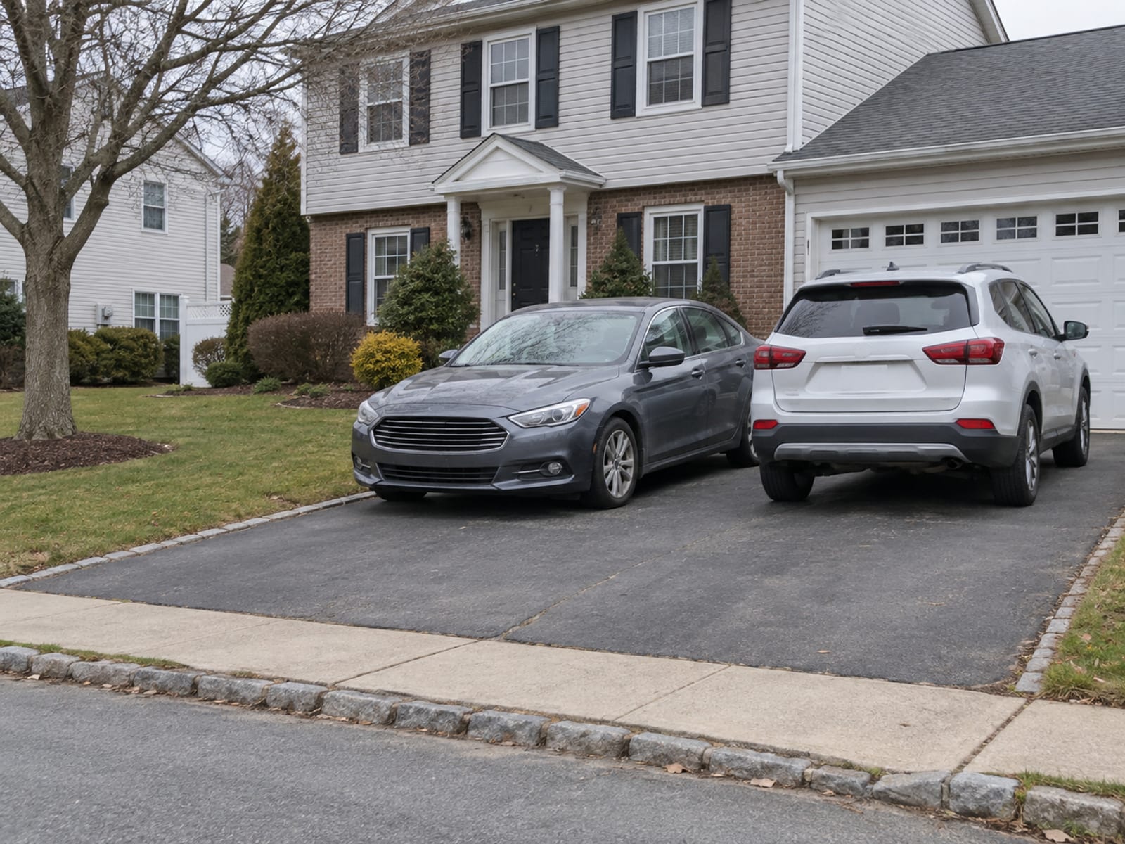 Two cars parked in the driveway of a suburban New Jersey home in daylight