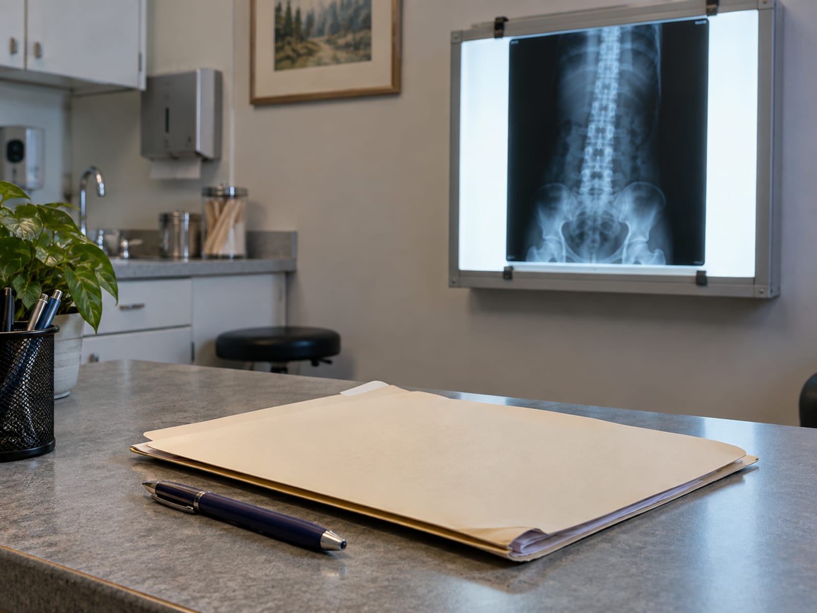 A physician's desk with a closed medical folder, an X-ray film on a light panel and a pen